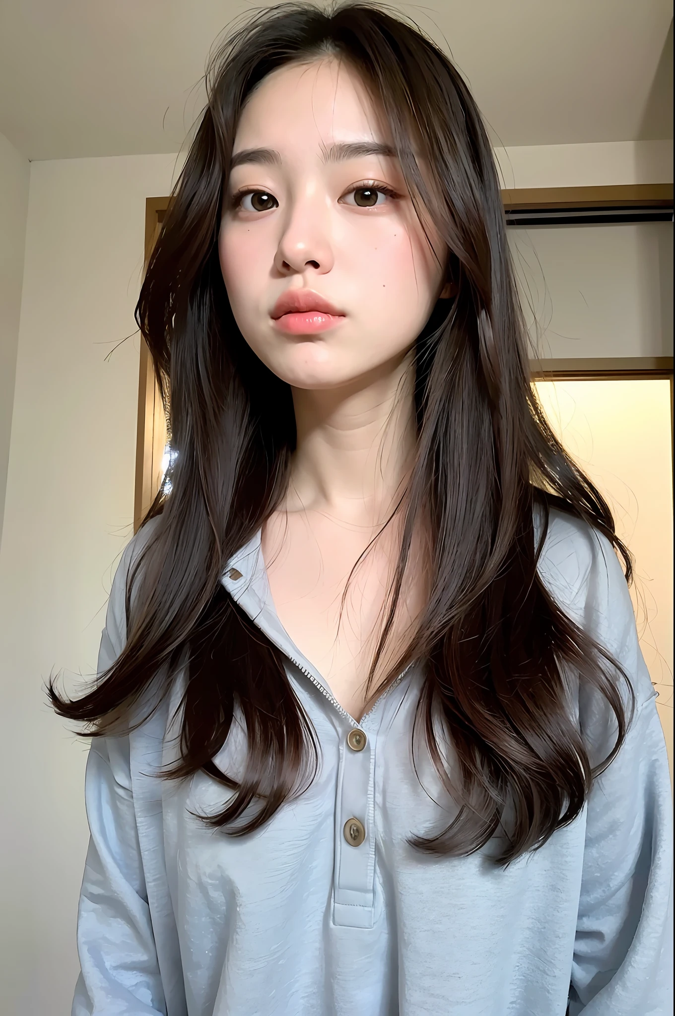((8k:1.27), best quality, masterpiece, super high definition: 1.2) POV, cute Japan 20 year old girl looking from below, puffing out cheeks