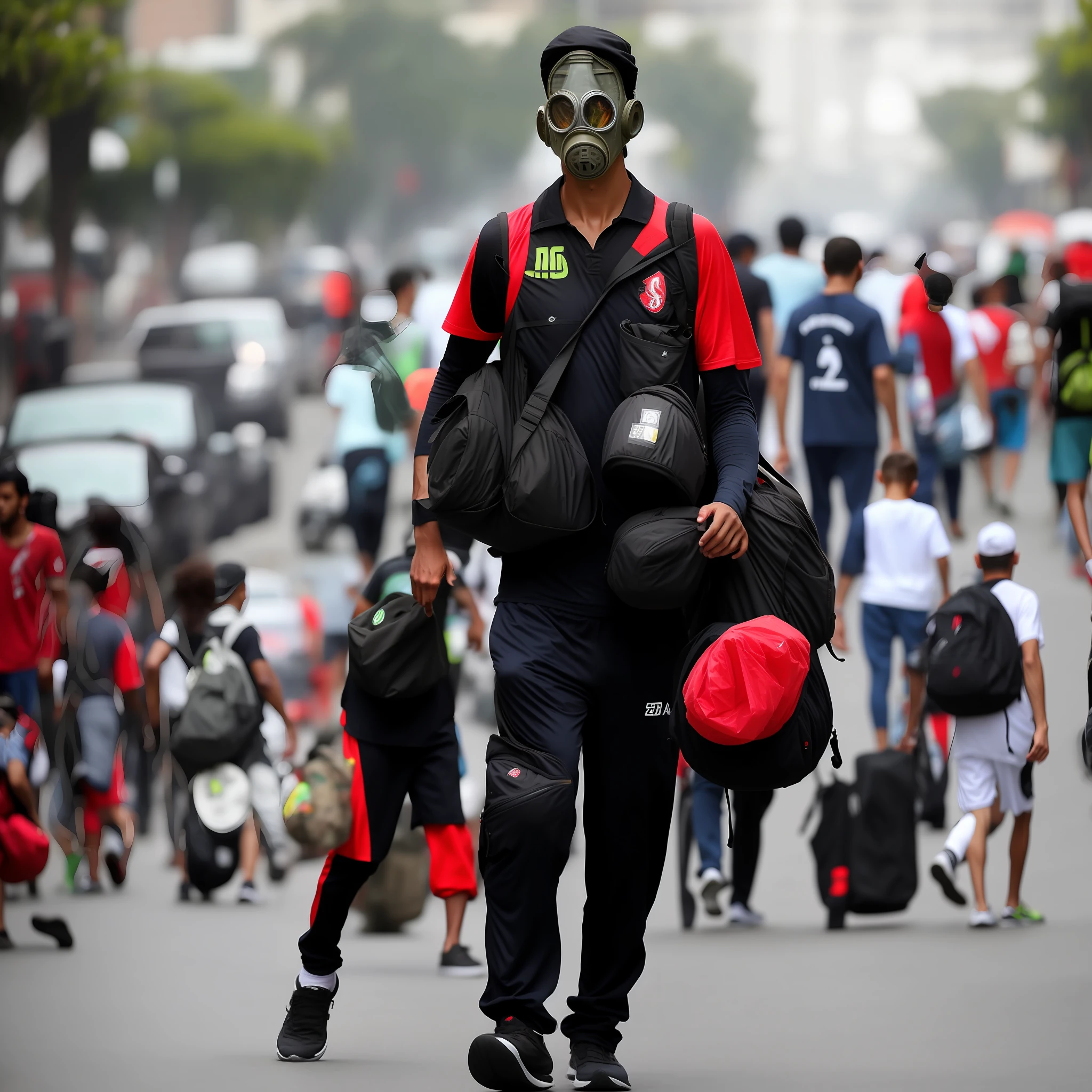 Man with gas mask, with clothes of the flamengo (team) and in the middle of the street