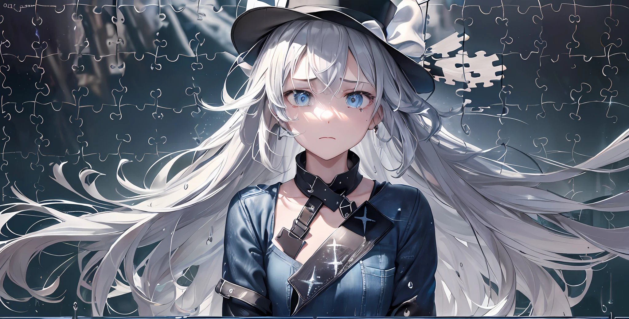 glitch,data code,[broken screen:Split the screen into puzzles:0.45],[puzzles,jigsaw,Grid division:0.5],(puzzles jigsaw screen backgroud:1.45),(resversal water drop,nebula water bubble,snowflake:1.25)(crack:1.15),(depth of field:1.2),(upper body,jeans,Black stockings:1.3),(1girl:1.3),closed mouth,expressionless,melancholy,looking up and looking at viewer,streaming tears,tears,steam,sweat,(standing on the ripple:1.2),clear sky,solo,grey medium hair,messy hair,flying hair,grey eyes,Emaciation,despair,sadness,shaded face,looking at viewer,top hat decorated by bow,ancnient business suit,offical coat,long sleeves,hands in pocket// in rain,rainy,reflective water,black liquid splashing,starry sky,horizon,the surface of the water reflected the bright stars,Broken neon lights,shattered aurora,(Fault Data Code,prismatic magic data code,Garbled code,data code wall:1.2),iridescent