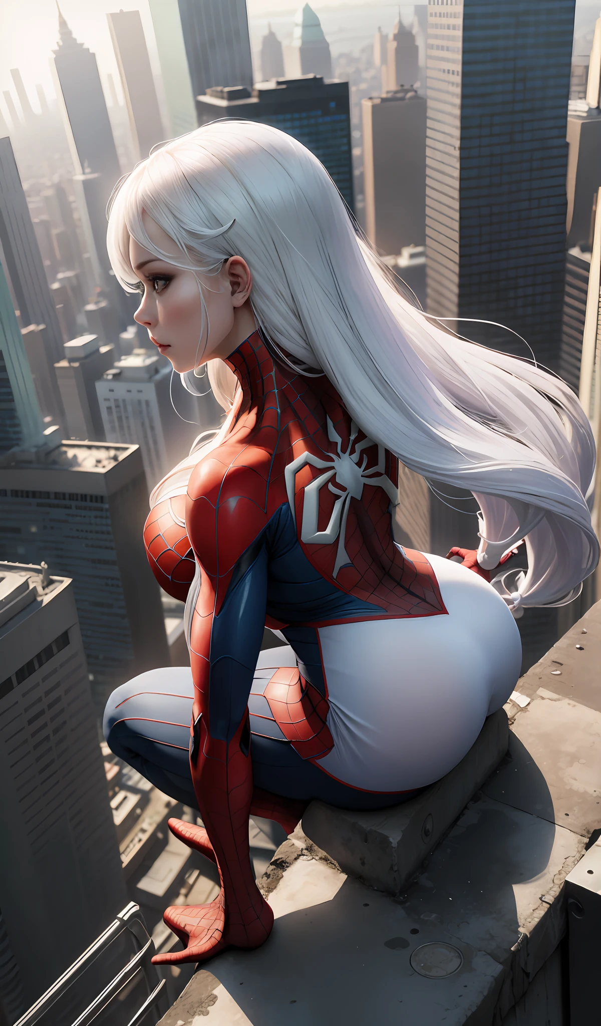 4k, realistic, carismatic, very detail, there is a girl on top city, wearing spiderman seksi costum, she is a spiderman, white super hero theme, white long hair, 25 years old, full body