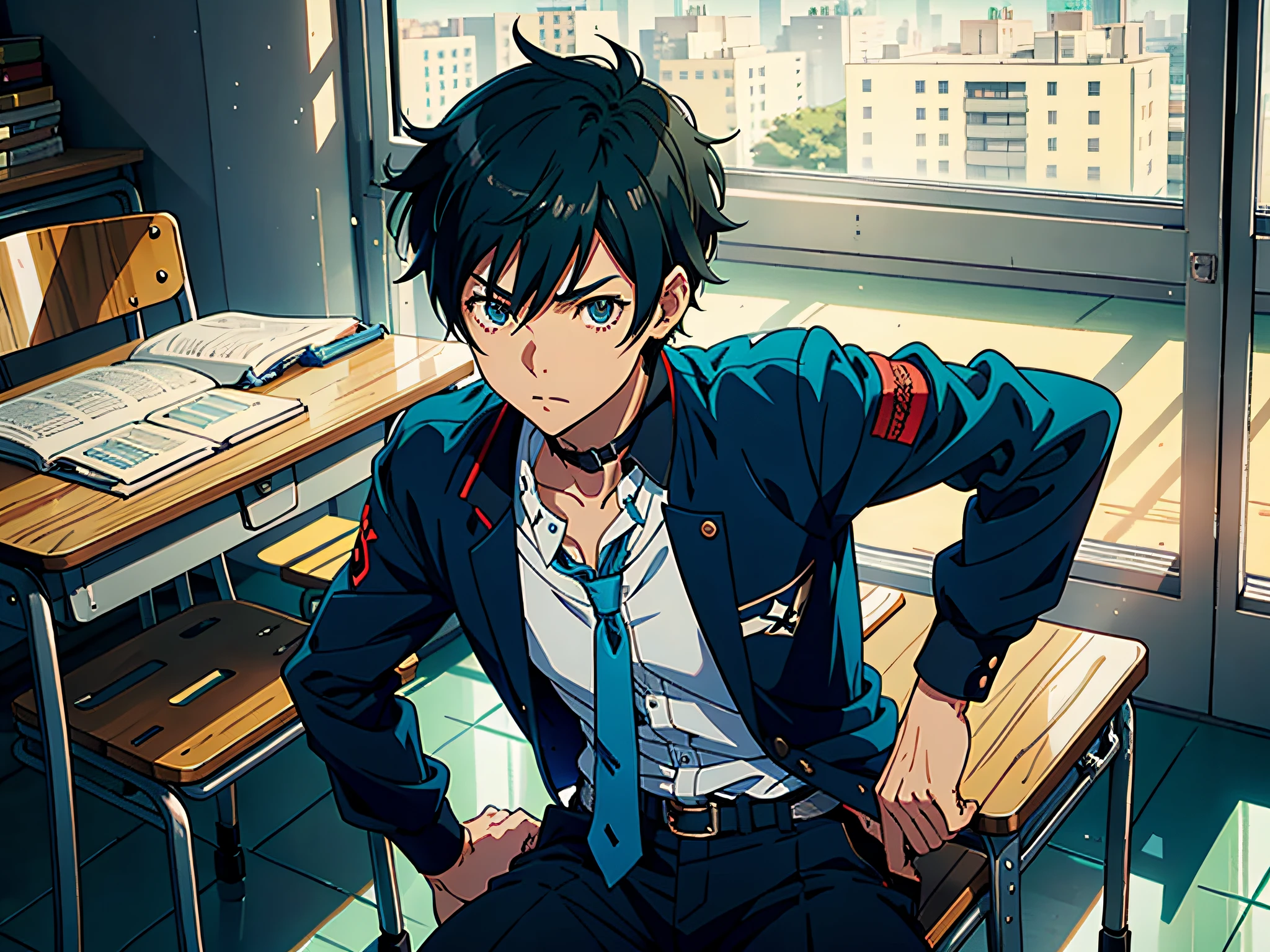 In the school classroom, inside the classroom, desk, desk and stool, an anime boy character sitting on a chair, money flying around him 1.5, Loepfe Art style, ((Makoto Shinkai)), popular on CGSTATION, Makoto Shinkai. —H 2160, Loepfe Aesthetics, Loepfe, inspired by Bian Shoumin, Loepfe Hip Hop, Shinkai Makoto, Kavasi, Guvitz style