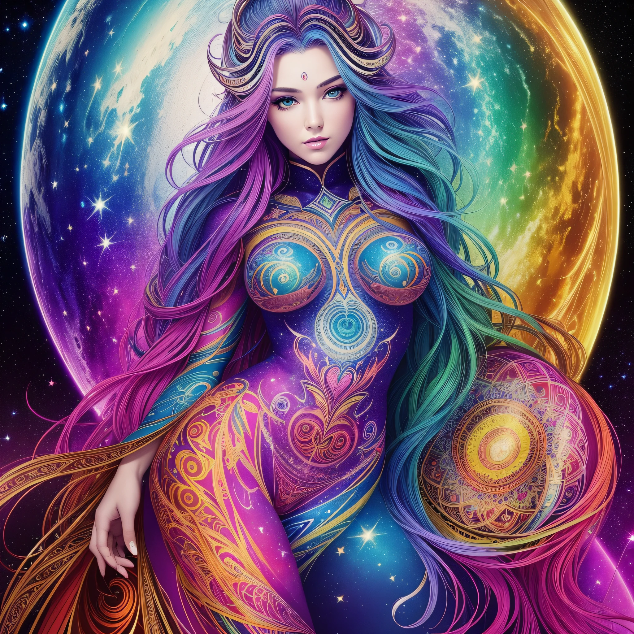 ((Best quality, 8k, Masterpiece :1.3)) beautiful woman: 1.3, beautiful face,, full body woman over 24 years old, saturated colors, psychedelic image, LSD, mandala, fractral, costume, tattoo, painted body, bride, body tilted forward, art similar to Alex Grey's art, lots of color saturation, woman, vortex, ultra realistic, planet earth, galaxy --auto --s2