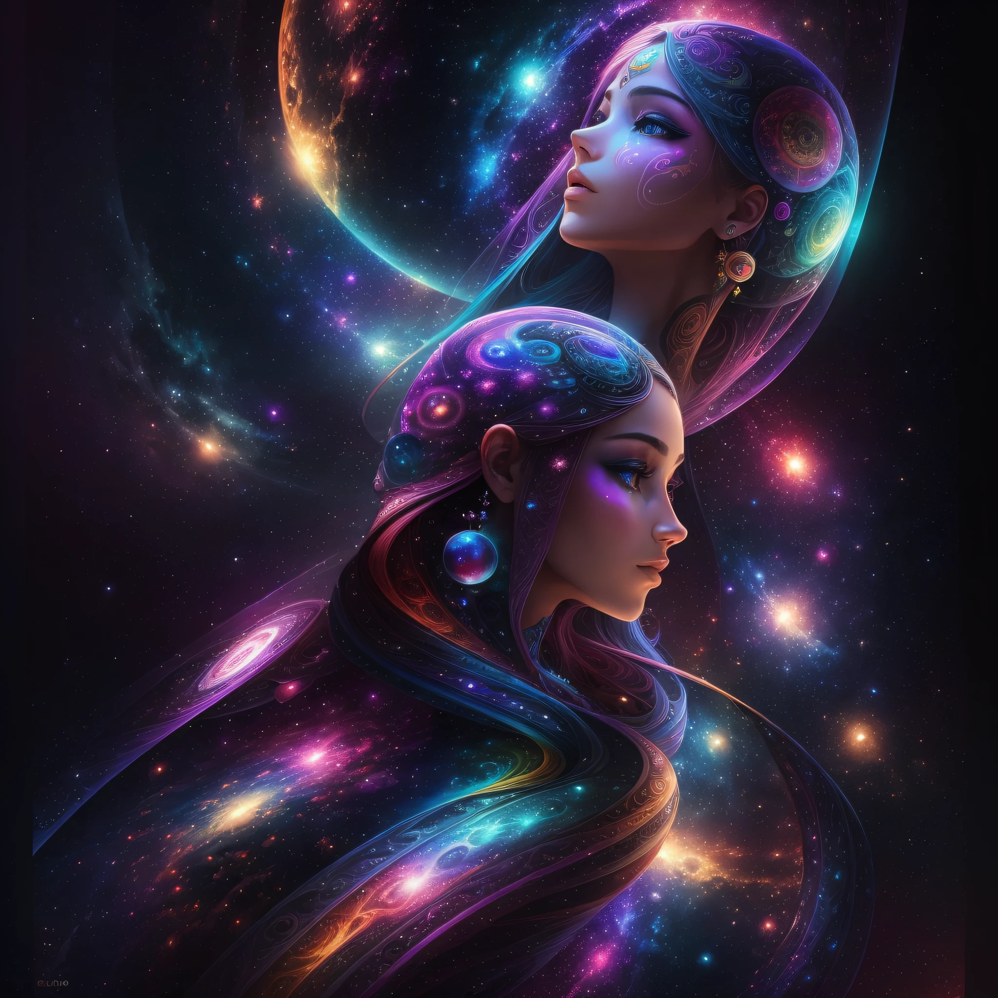 ((Best Quality, 8k, Masterpiece :1.3)) beautiful woman: 1.3, handsome face, kneeling, back, full body woman over 24 years old, saturated colors, psychedelic image, LSD, mandala, fractral, costume, tattoo, painted body, bride, body leaning forward, art similar to Alex Grey's art, lots of color saturation, woman, vortex, ultra realistic, planet earth, galaxy, with lots of lighting, shading and contrast --auto --s2