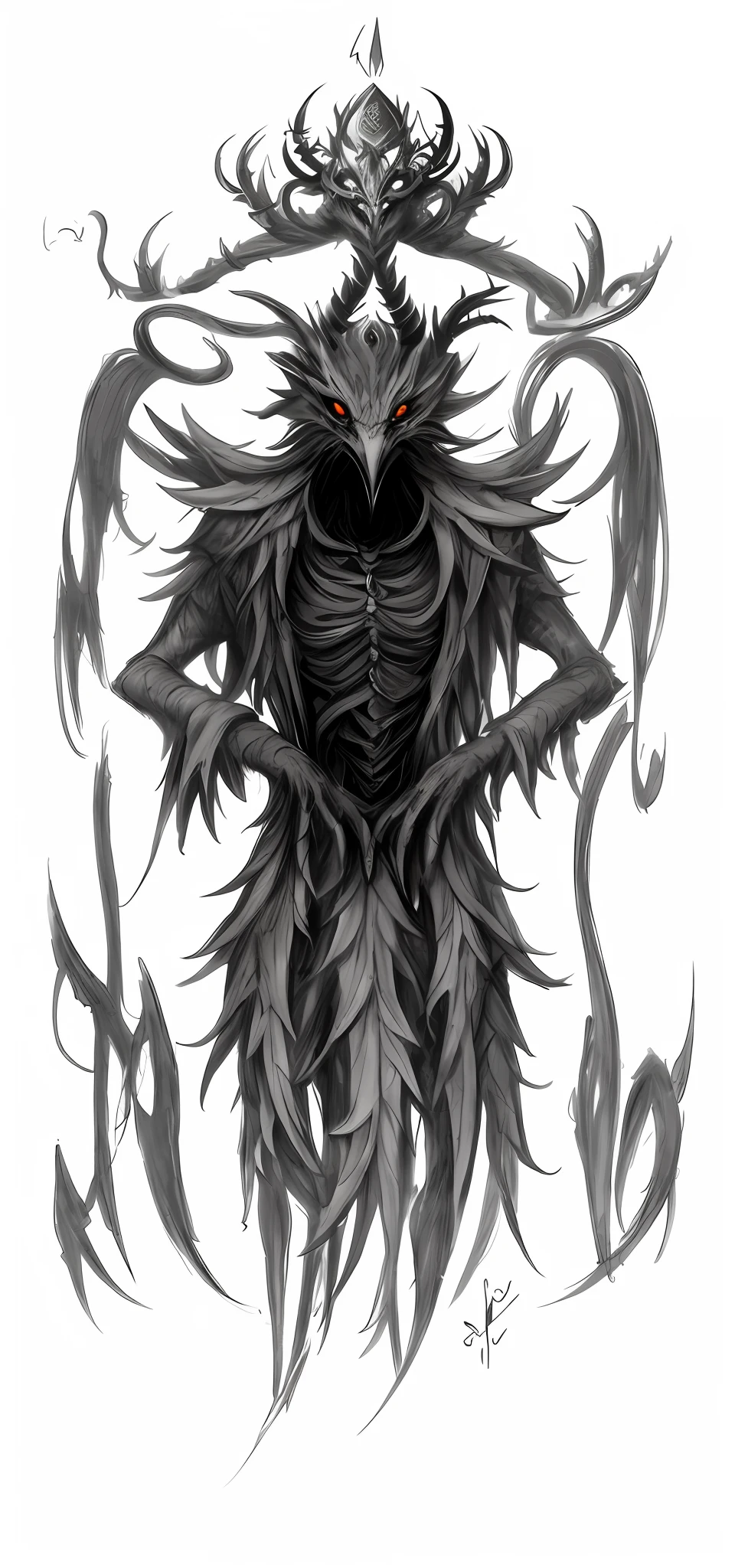 a drawing of a demon with a crown on his head, a humanoid thistle monster, dark fantasy character design, raven monster, full body concept, demon soul concept art, detailed full body concept, concept creature character art, penumbral shadowcreature, gray anthropomorphic, chtulhu, highly detailed dark art, demonic creature, dark soul concept art