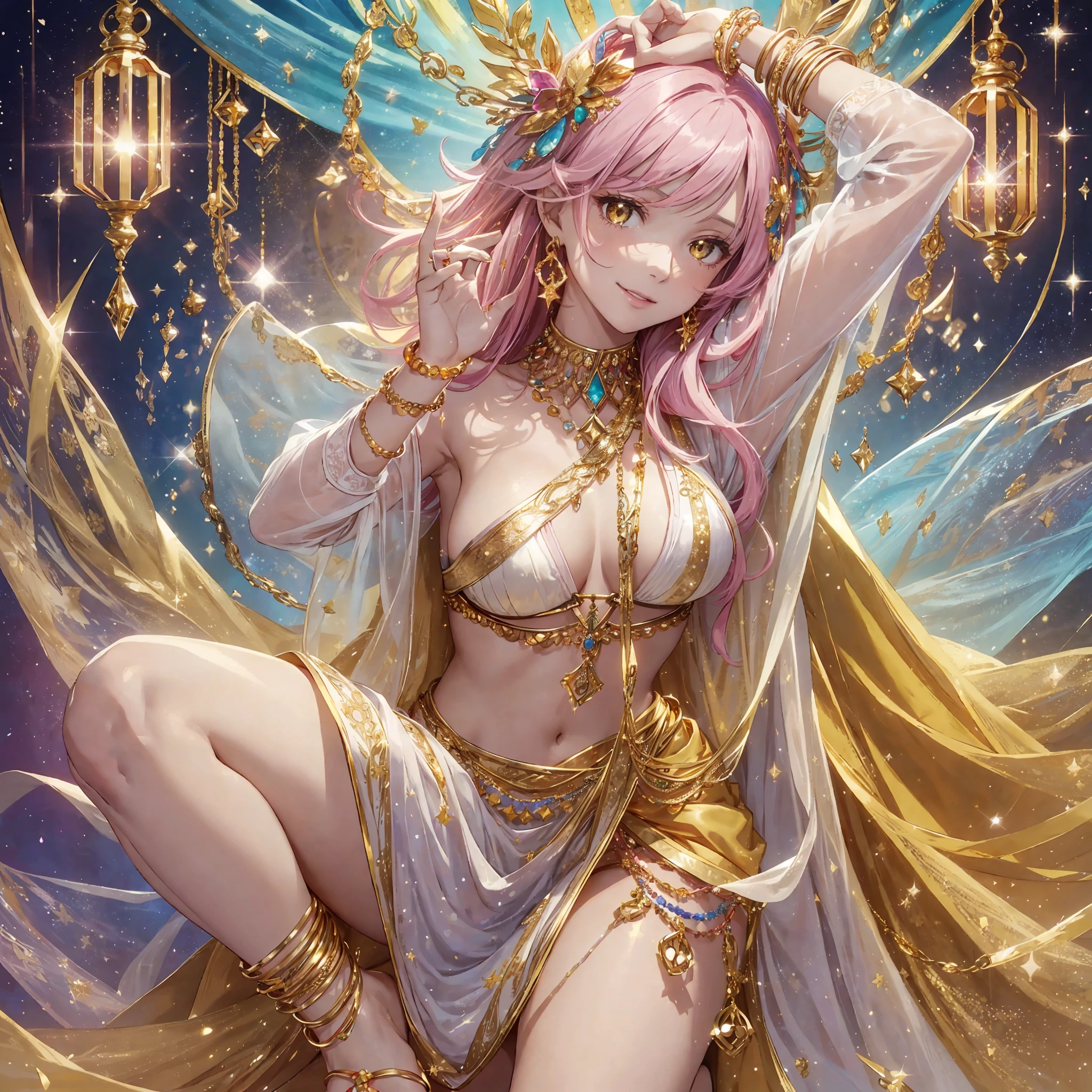 ((solo character, vibrant colors, masterpiece, best quality, full body, beautiful hands, yoga pose, sexy pose, dancing)), slim anime girl, light lighting, flower petals ((pink hair, long hair, long bangs, yellow eyes, fair skin)), smiling and flushed face, medium breasts, ((pink shawl, colorful robe, long sleeves, exposed stomach, colored pants)), multiple gold bracelets with jewels, various gold earrings with jewels, gold anklets with jewels, various gold hair ornaments with jewels, various gold chain hair ornaments, gold sandals with jewels, ((gold bra with jewels, magic sparkles, golden sparkles)) --auto --s2