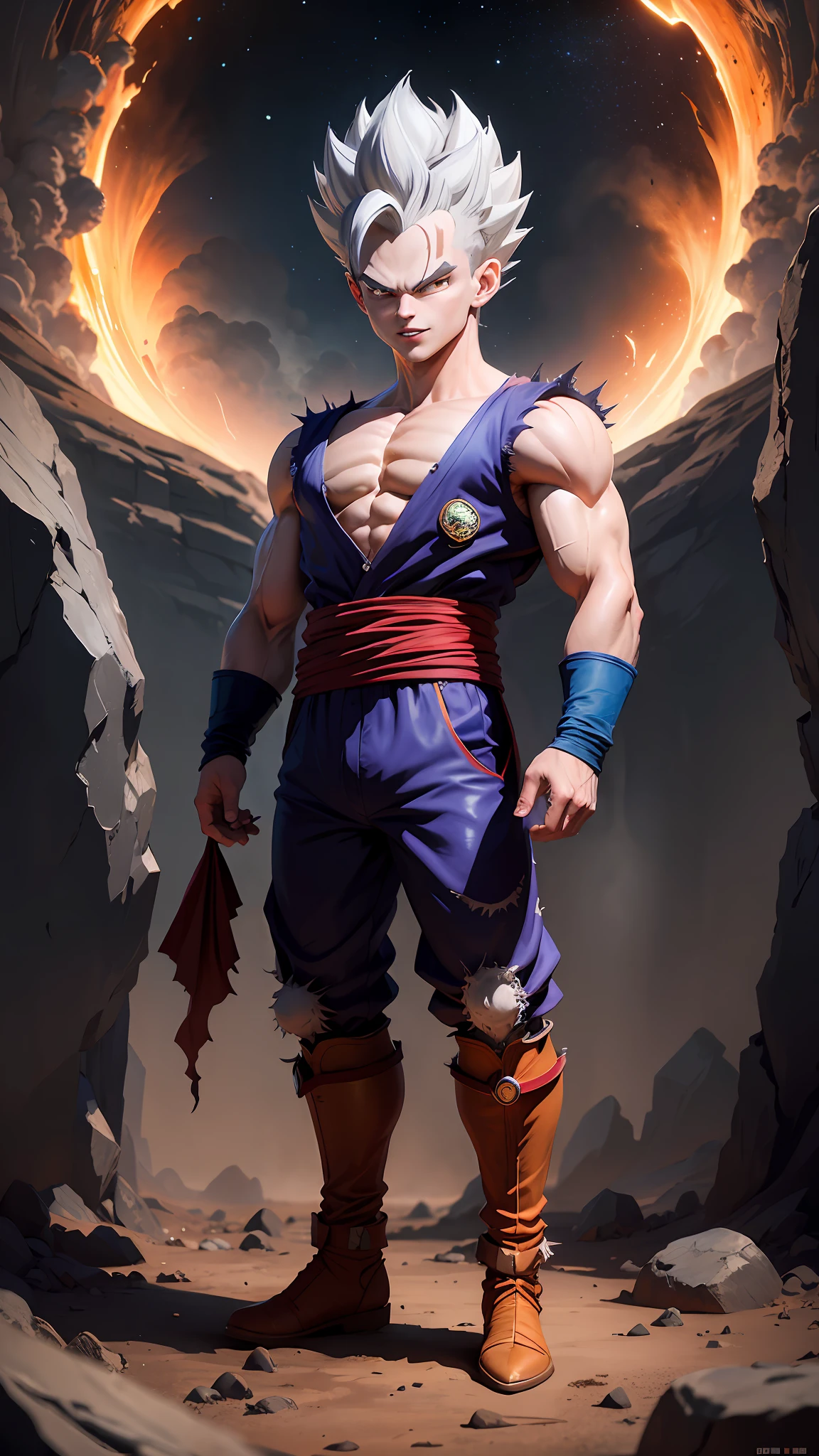 masterpiece, best quality, ultra-detailed, adult Vegeta 1boy, solo, super sayajin 4, full body, evil smile, gray hair, spiky hair, red eyes, dougi, full body, looking at the viewer, male focus, earth \(planet\), planet, space, cracked soil and rocks rising, rubble rising,