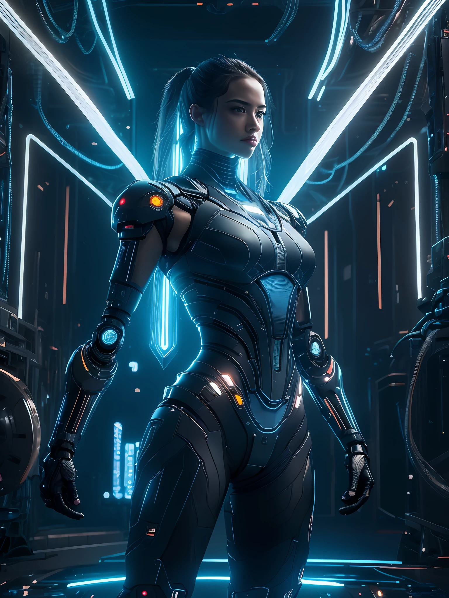 a [silhouette of woman's body: (fiber optics:1.3) : 0.3], complex, cyborg, robotic parts, futuristic interior background, cinematic, fine details, 8k, dark shot, soft volumetric lights, backlit, cinematic, intricate details, ArtStation,brutal,muscular.