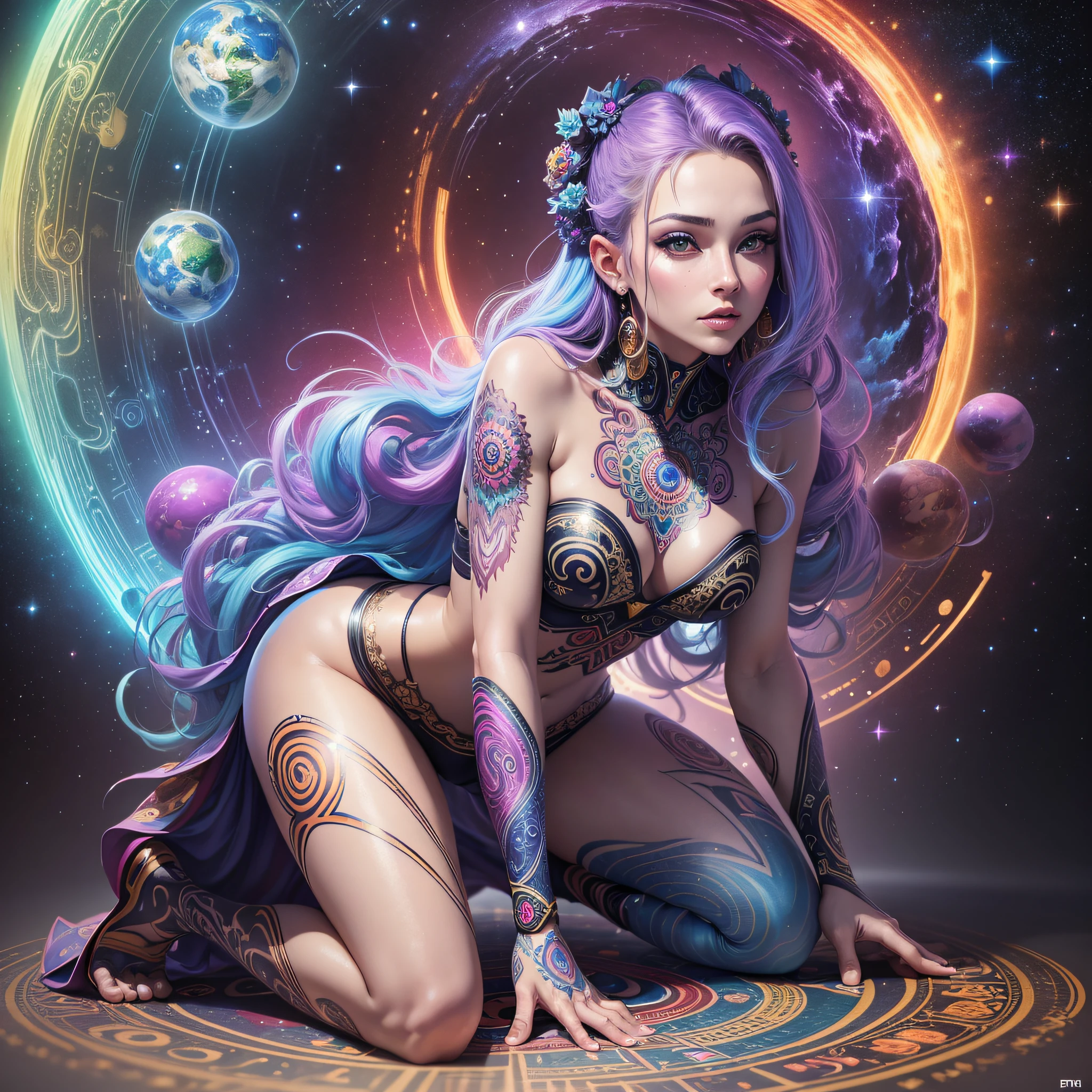 ((Best Quality, 8k, Masterpiece :1.3)) beautiful woman: 1.3, handsome face, kneeling, back, full body woman over 24 years old, saturated colors, psychedelic image, LSD, mandala, fractral, costume, tattoo, painted body, bride, body leaning forward, art similar to Alex Grey's art, lots of color saturation, woman, vortex, ultra realistic, planet earth, galaxy, with lots of lighting, shading and contrast, RPG, mage --auto --s2