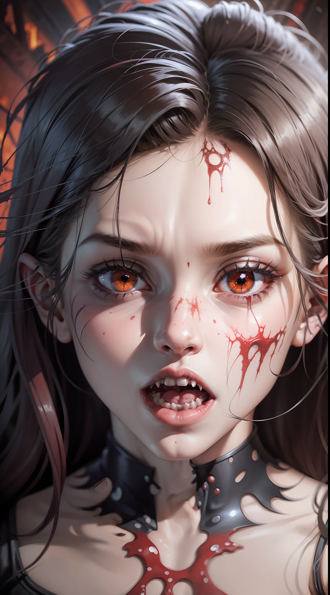 1girl, humanoid, dismembered body, multiple hands, open mouth, spikes, looking at the viewer, lie, blood, tentacles, monster, trauma, blood on the face, realistic, death, corpse, dirty, interior, garbage, first-person scene, first-person, horror