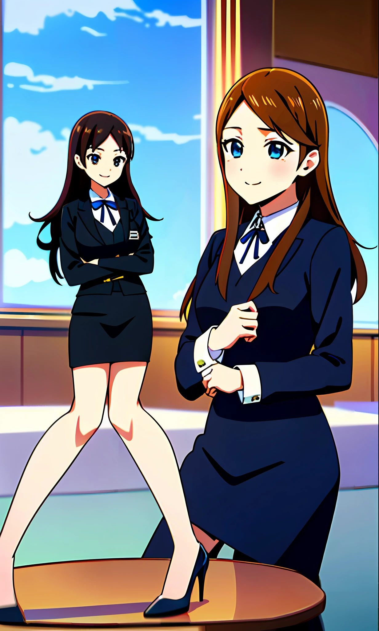 perfect anime illustration, 1girl, brown hair, wavy hair, hazel eyes, smiling, business attire, blue skirt suit, black high heels, businesswoman, highres, full body, bare legs, 1080k