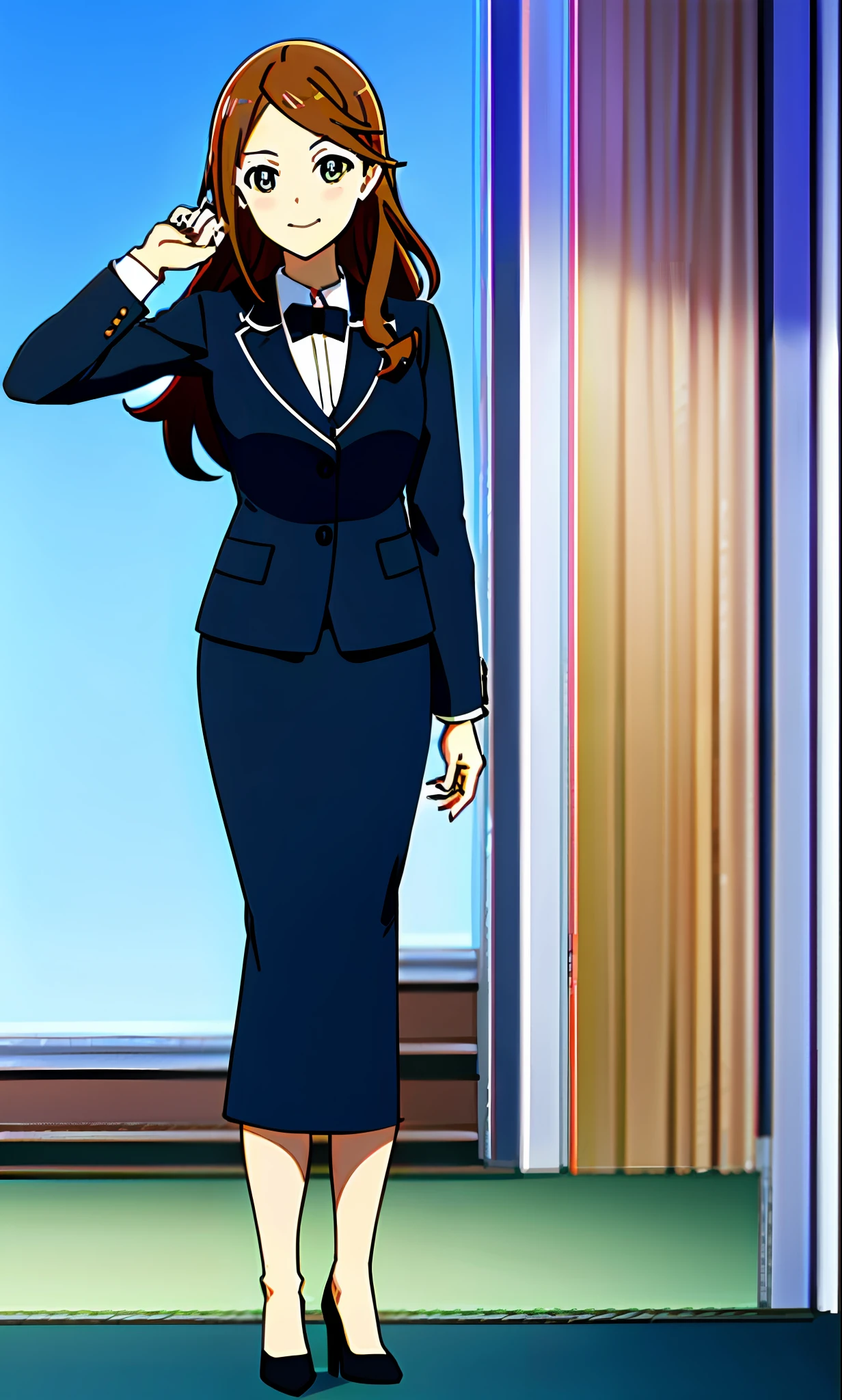 perfect anime illustration, 1girl, brown hair, wavy hair, hazel eyes, smiling, business attire, blue skirt suit, black high heels, businesswoman, highres, full body, bare legs, 1080k