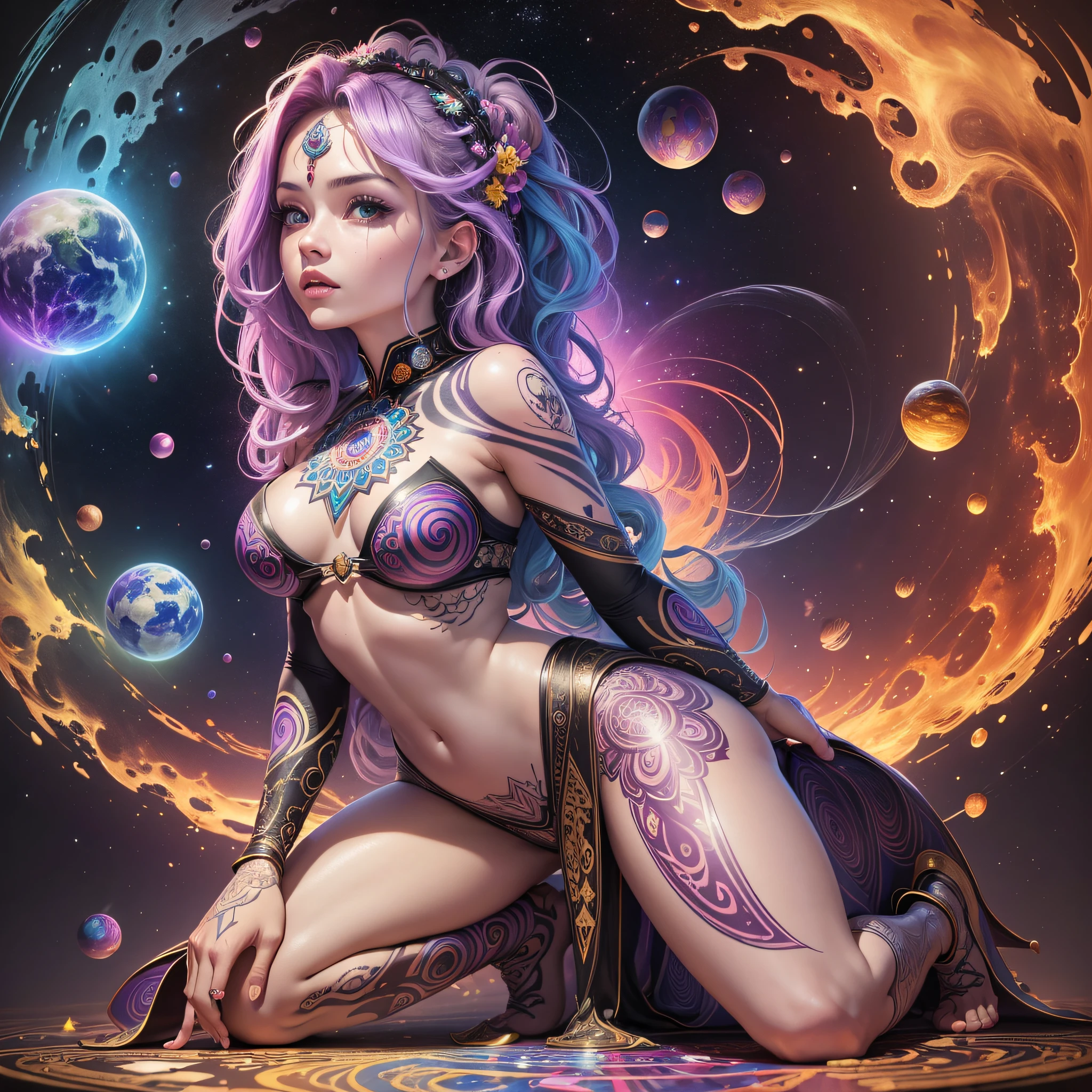 ((Best Quality, 8k, Masterpiece :1.3)) beautiful woman: 1.3, handsome face, kneeling, back, full body woman over 24 years old, saturated colors, psychedelic image, LSD, mandala, fractral, costume, tattoo, painted body, bride, body leaning forward, art similar to Alex Grey's art, lots of color saturation, woman, vortex, ultra realistic, planet earth,  galaxy, with lots of lighting, shading and contrast, RPG, mage, melting --auto --s2