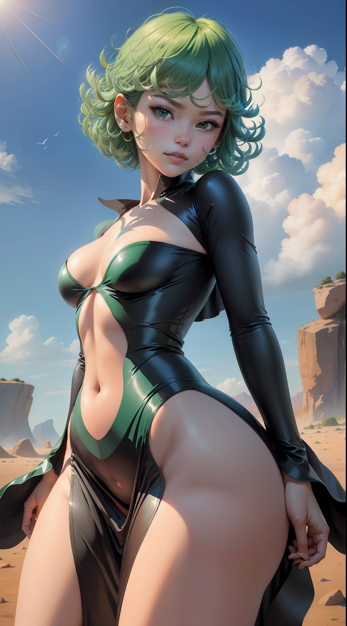 (masterpiece, best quality:1.2), cowboy shot, solo, 1girl, tatsumaki, lustful, closed mouth, looking at the viewer, ass, wide hips, black dress, transparent dress, blue sky, clouds, erotica, green aura