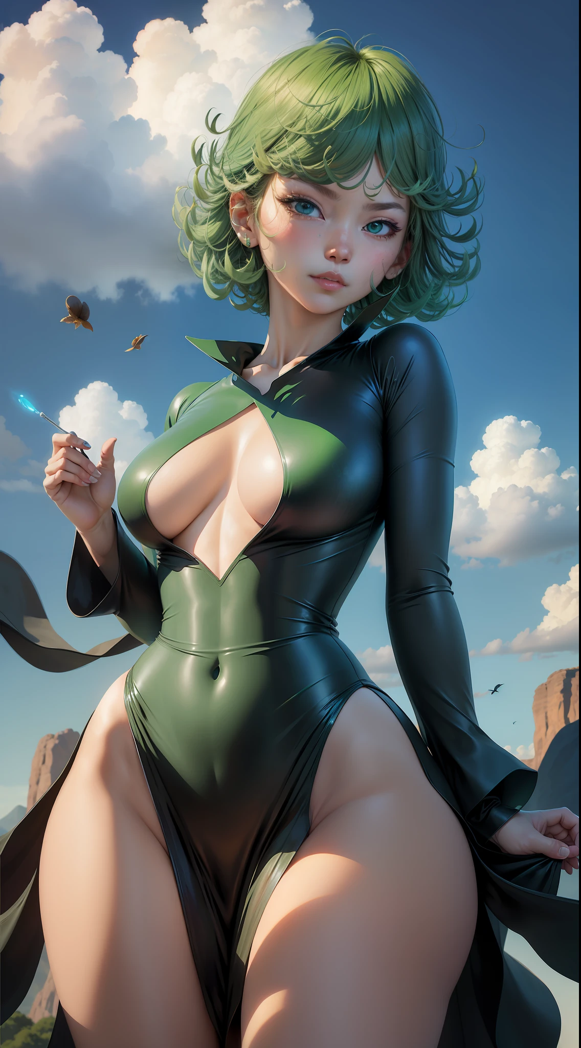 (masterpiece, best quality:1.2), cowboy shot, solo, 1girl, tatsumaki, lustful, closed mouth, looking at the viewer, ass, wide hips, black dress, transparent dress, blue sky, clouds, erotica, green aura