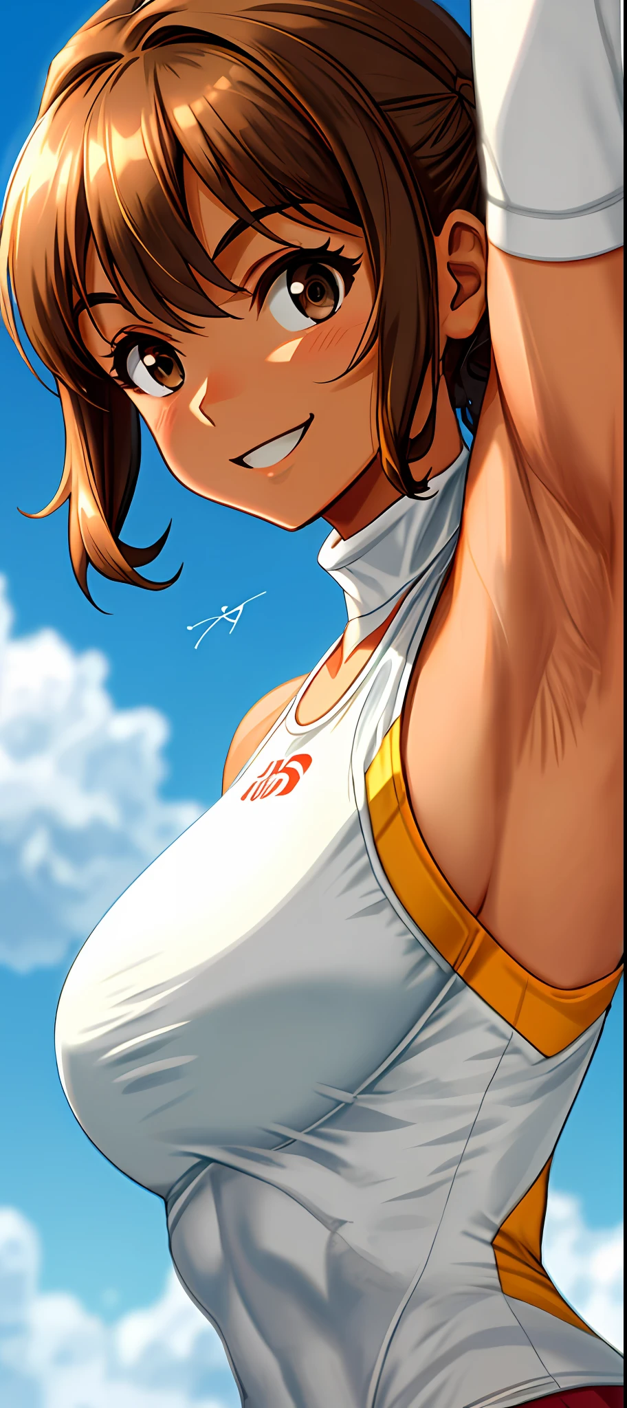 goddess fitness, beautiful, white sportswear spandex one-piece, dynamic pose, blurred background, natural light, [abs:1.5], [smile:1.1], solo, @sarasaffari_, brown medium hair over shoulders, light brown skin,