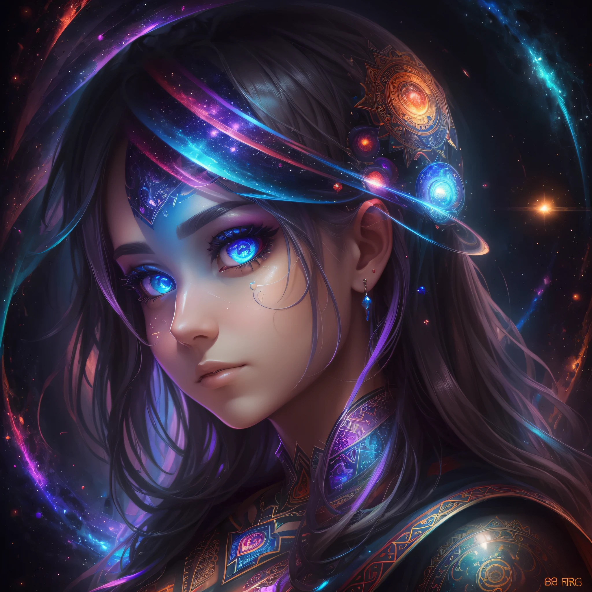 ((Best quality, 8k, Masterpiece :1.3)) beautiful woman: 1.3, beautiful face,woman connected to another woman, saturated colors, psychedelic image, LSD, mandala, fractral, costume, tattoo, painted body, wedding outfit, body tilted forward, art similar to Alex Grey's art, lots of color saturation, vortex, ultra realistic, planet earth, galaxy, with lots of lighting, shading and contrast, RPG, mage, realistic eyes --auto --s2