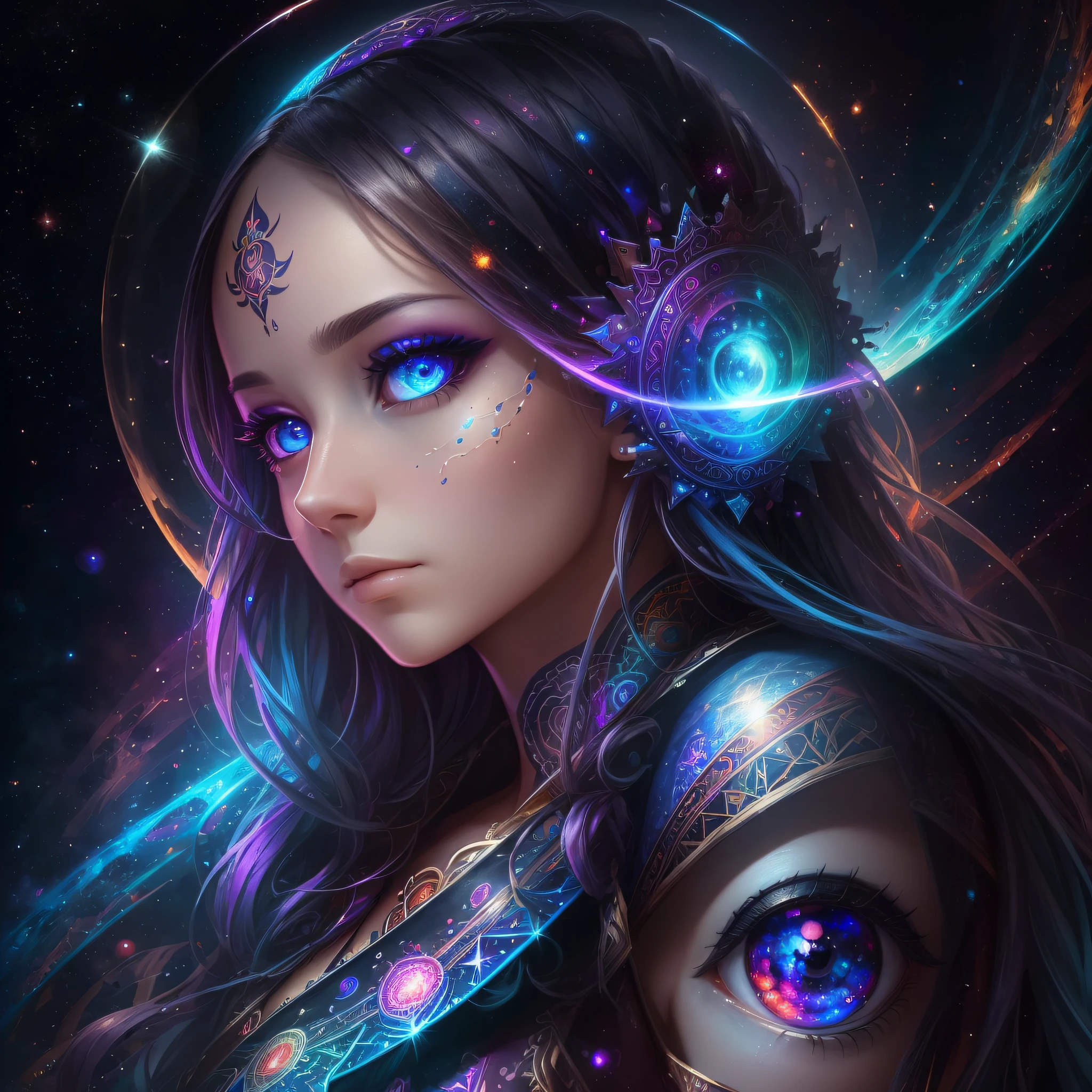 ((Best quality, 8k, Masterpiece :1.3)) beautiful woman: 1.3, beautiful face,woman connected to another woman, saturated colors, psychedelic image, LSD, mandala, fractral, costume, tattoo, painted body, wedding outfit, body tilted forward, art similar to Alex Grey's art, lots of color saturation, vortex, ultra realistic, planet earth, galaxy, with lots of lighting, shading and contrast, RPG, mage, realistic eyes --auto --s2