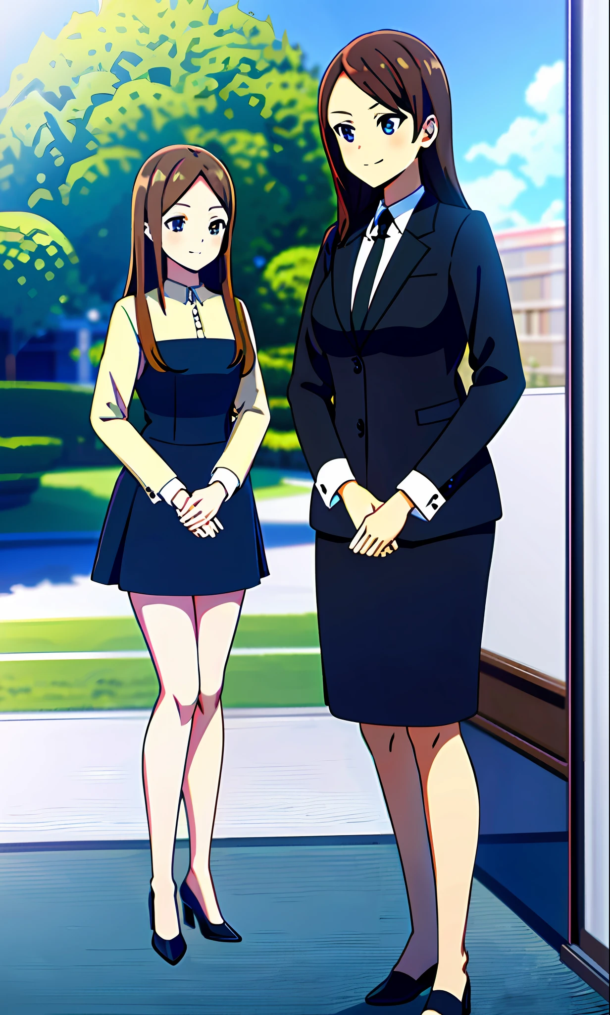 perfect anime illustration, 1girl, brown hair, wavy hair, hazel eyes, smiling, business attire, blue skirt suit, black high heels, businesswoman, highres, full body, bare legs, 8k