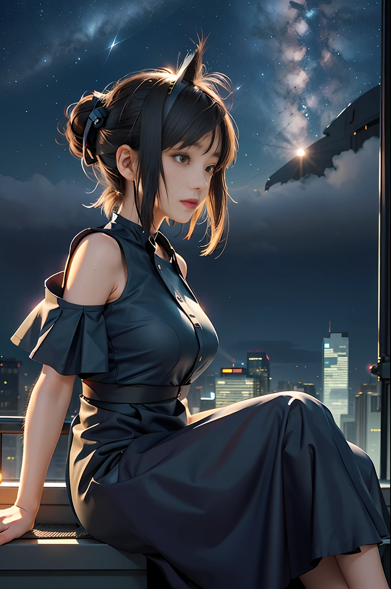 best quality, masterpiece, extremely detailed, detailed background, anime, 1girl, young girl, short girl, sci-fi, science fiction, outdoors, night, starry sky, greenhouse, megastructure, bio-dome, landscape, scenery, horizon, rooftop, sitting on rooftop, wind, looking away, atmospheric lighting, solo focus, close up, from side, depth of field, bokeh