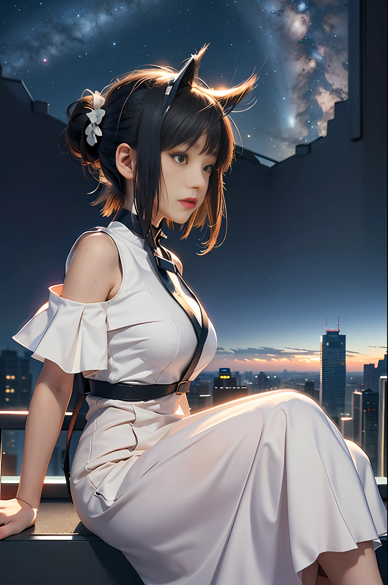 best quality, masterpiece, extremely detailed, detailed background, anime, 1girl, young girl, short girl, sci-fi, science fiction, outdoors, night, starry sky, greenhouse, megastructure, bio-dome, landscape, scenery, horizon, rooftop, sitting on rooftop, wind, looking away, atmospheric lighting, solo focus, close up, from side, depth of field, bokeh