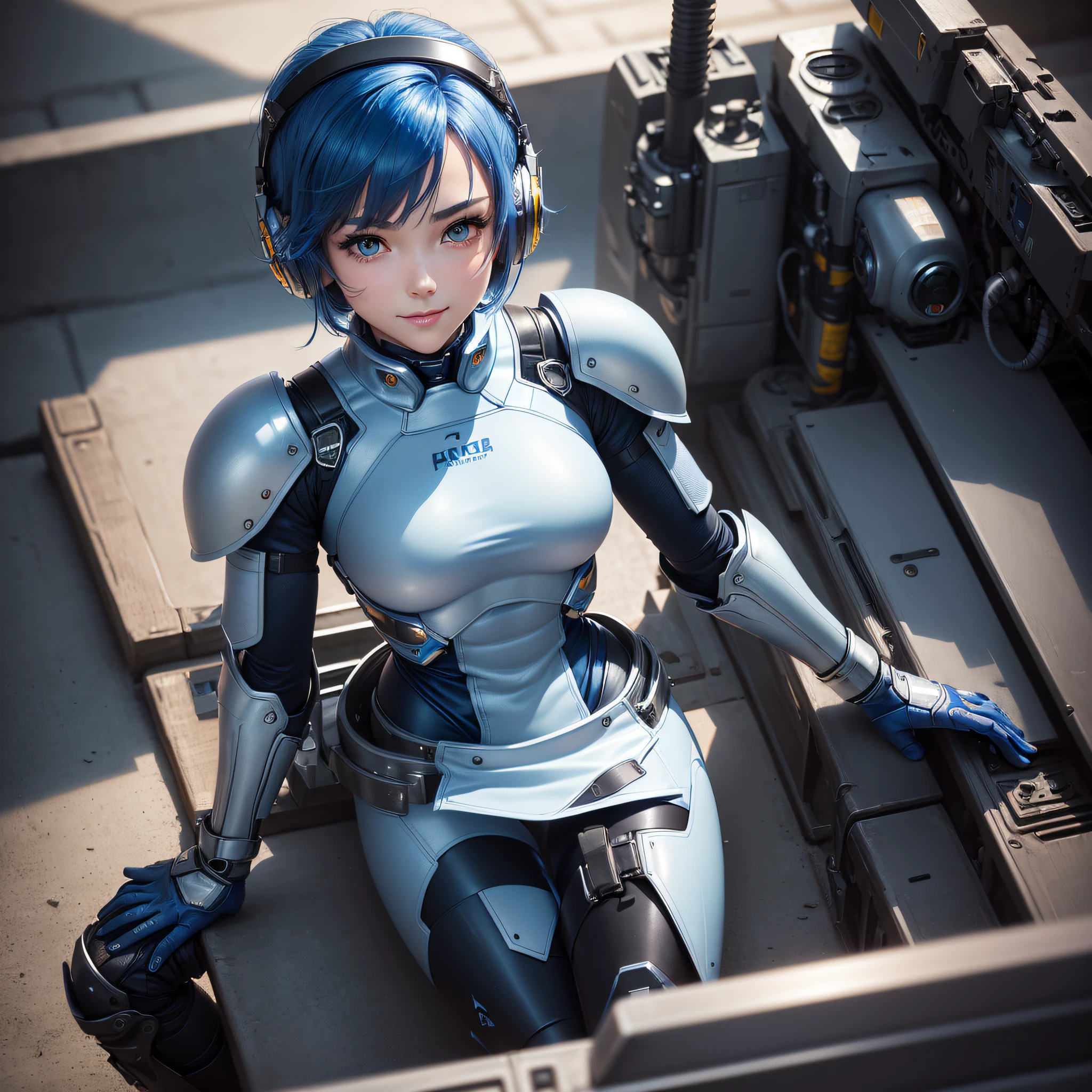 (masterpiece, highest quality, highest resolution, distinct_image, detailed details): (Solo, lone girl, face is Japan, blue haired girl, short hair, full body figure, see viewer, front-facing, small size breasts, sparkling blue colored eyes, pilot suit of metallic tone white and blue, black color color, tight fit clothes, clothes that cover the whole body, beauty, cuteness, light smile, blush, Slim body, exoskeleton, white and blue and black metal armor, heroine, arm-length gloves, headset, knee boots, sitting in the cockpit, detailed cockpit, cheek cane, sitting on the floor grasping one's knees)