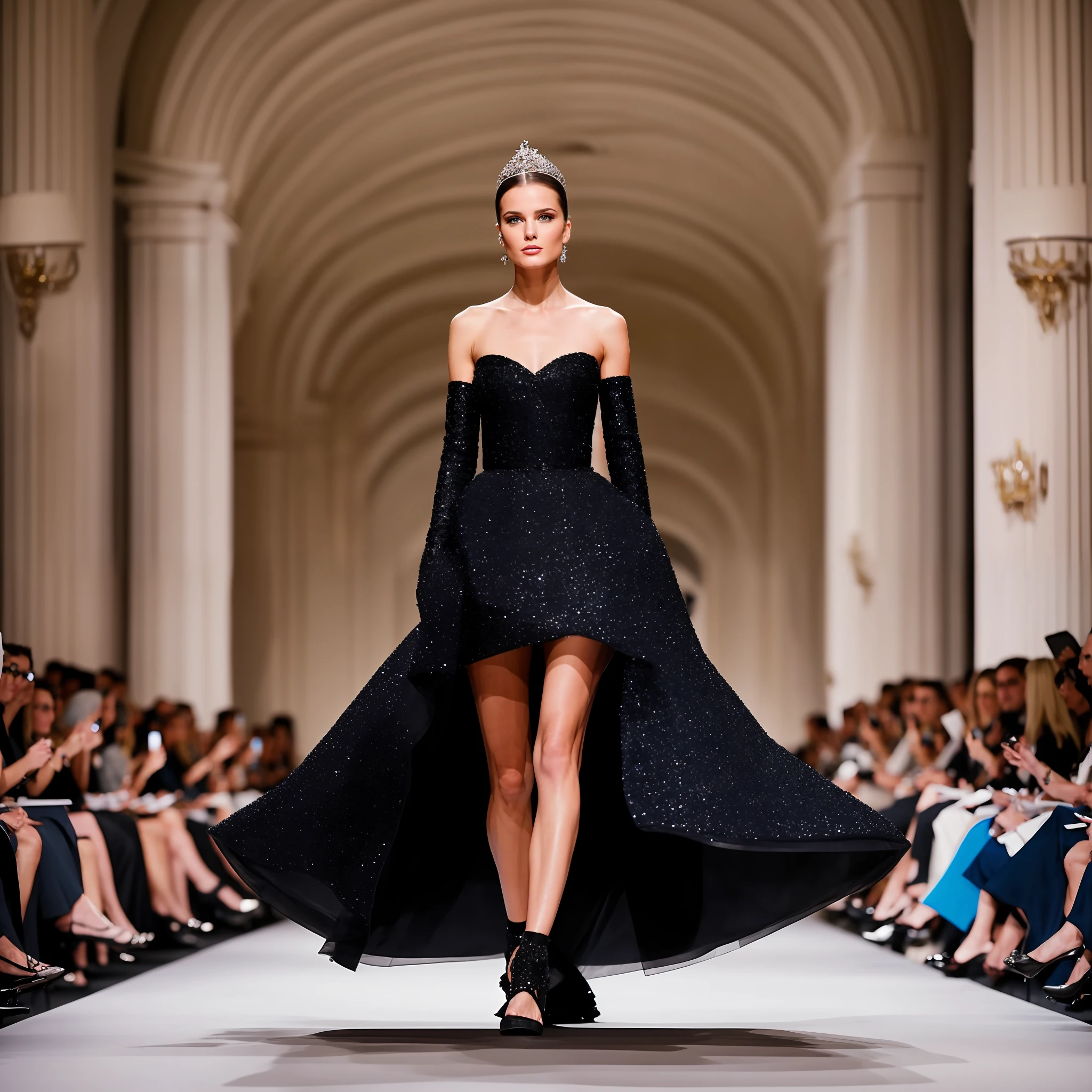 A model walks the runway in a black dress with a high slit SeaArt AI