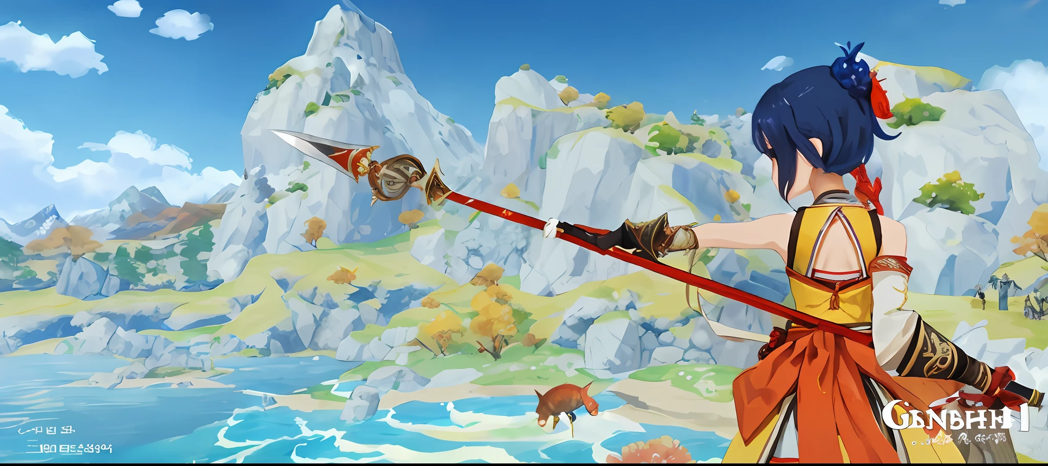 a close up of a person holding a sword near a mountain, magical fishing rod weapon, wielding a fish sword, gameplay still, fox nobushi holding a naginata, holding a giant sword, wielding a decorated halberd, screenshot from game, carrying a magical staff, ornate korean polearm behind her, intricate fantasy spear, sword and wand – water