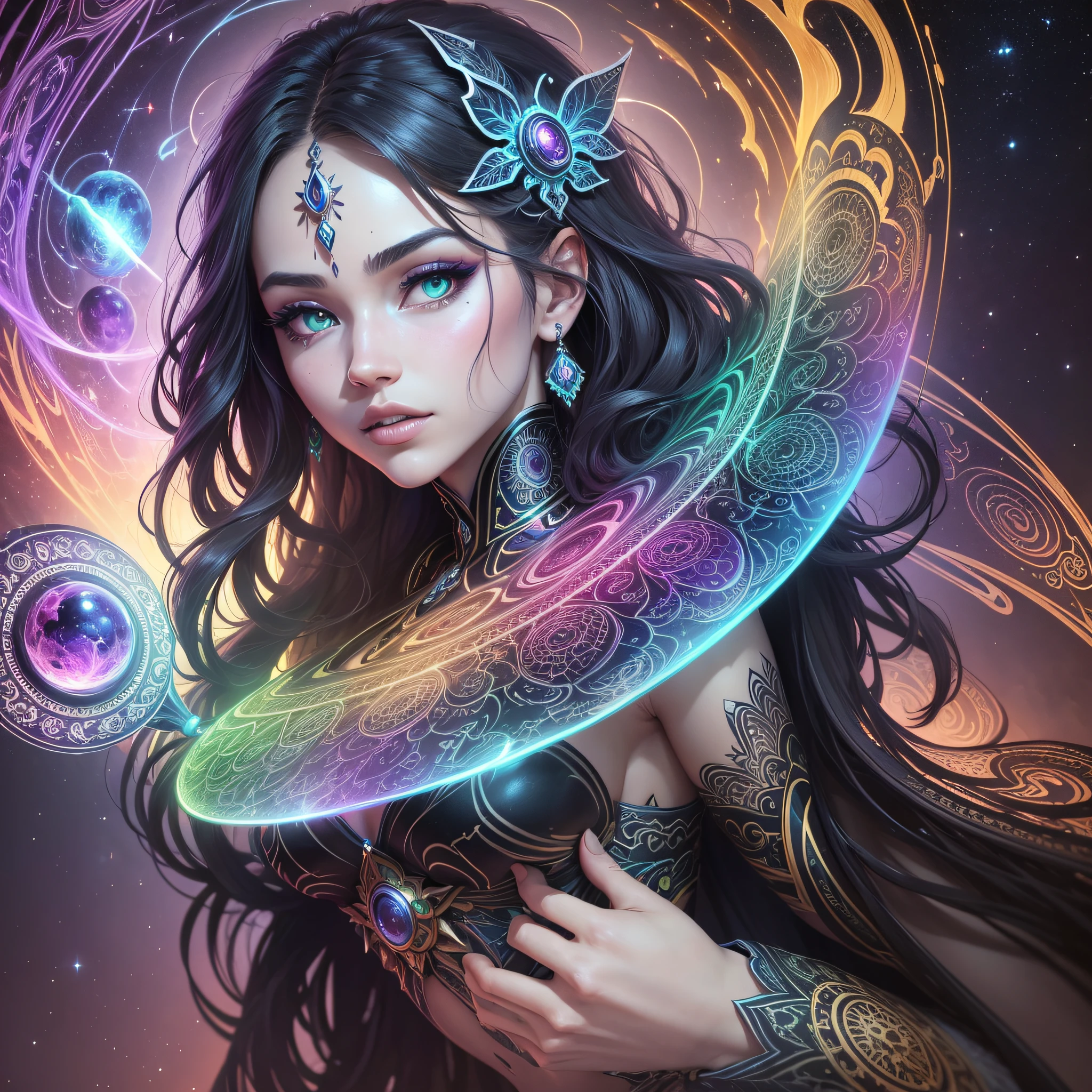 ((Best quality, 8k, Masterpiece :1.3)) beautiful woman: 1.3, beautiful face, showing back, saturated colors, psychedelic image, LSD, mandala, fractral, costume, tattoo, painted body, wedding outfit, body leaning forward, art similar to Alex Grey's art, lots of color saturation, vortex, ultra realistic, planet earth, galaxy, with lots of lighting, shading and contrast, RPG, mage, green iris, 3D depth --auto --s2