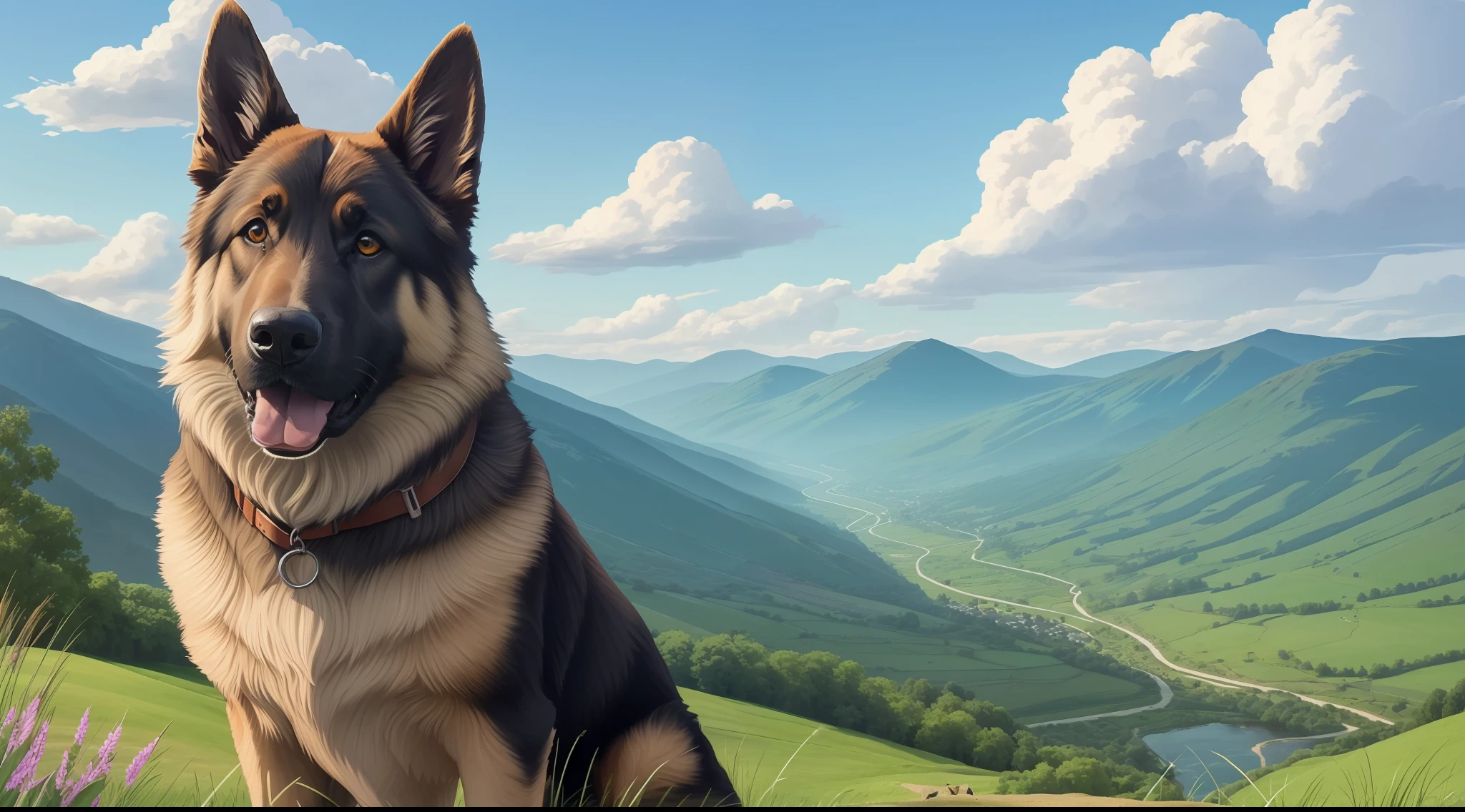 8k best quality, A majestic and alert German shepherd is standing on a verdant hill, with blue sky, His deep eyes shine with intelligence and devotion, while his proud posture conveys confidence and courage, His lustrous coat, brown and black, In the background, a serene landscape stretches, with green mountains and a tranquil river that meanders through the valley --auto --s2