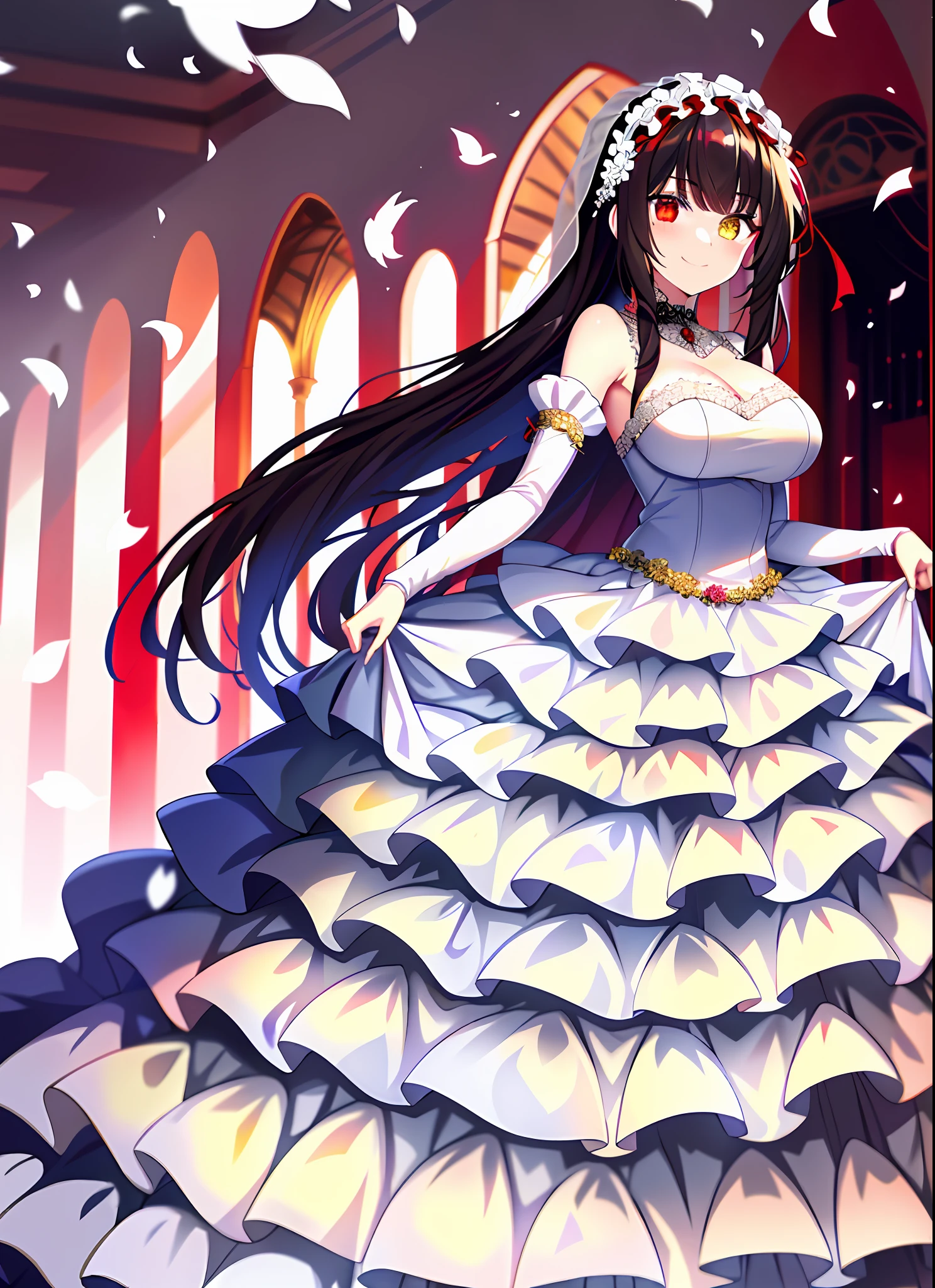 (1girl), black hair, tokisaki kurumi, adult female, headband, heterochromia:1.5, red eye, yellow eye, dominant, domina, long twintails, medium breast, smile, wedding dress, curch, white dress, ((white wedding dress)), holding flowers, merried with shido, standing with shido, standing,