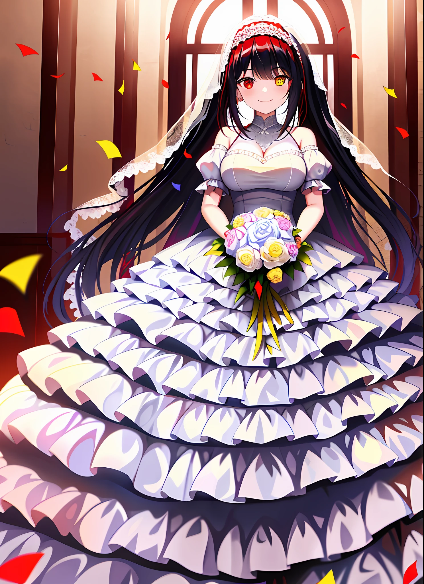 (1girl), black hair, tokisaki kurumi, adult female, headband, heterochromia:1.5, red eye, yellow eye, dominant, domina, long twintails, medium breast, smile, wedding dress, curch, white dress, ((white wedding dress)), holding flowers, merried with shido, standing with shido, standing,