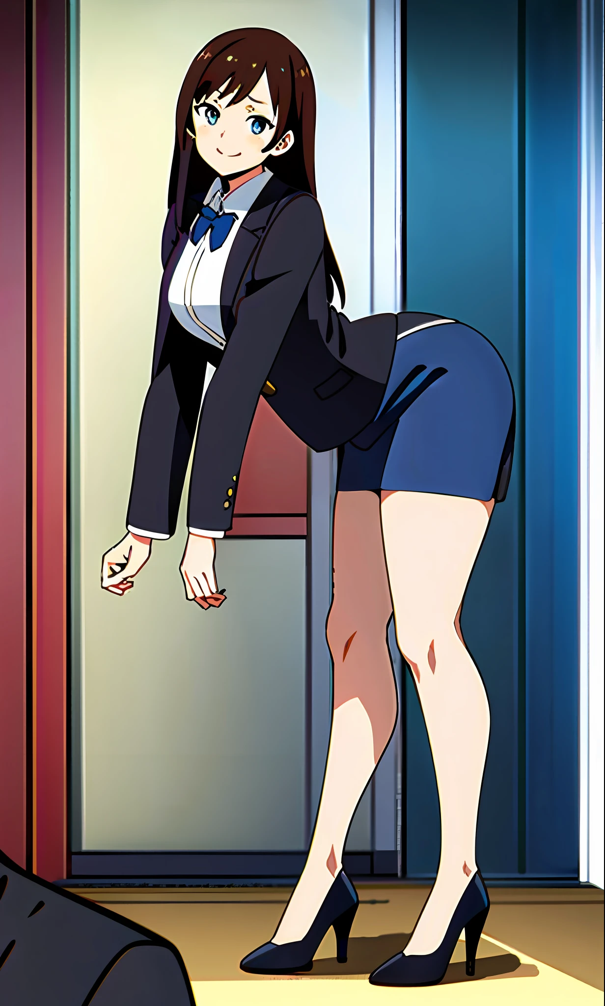 perfect anime illustration, 1girl, brown hair, wavy hair, hazel eyes, smiling, business attire, blue skirt suit, black high heels, businesswoman, highres, full body, bare legs, 8k