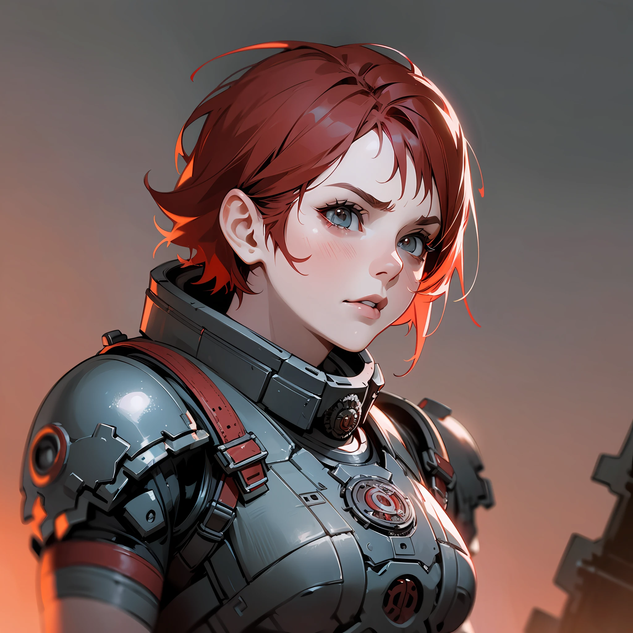 Woman short red hair uniform armor of gears of war, 8k, background a war, 8k, uhd, severe low lighting, high quality, sharp focus --auto --s2