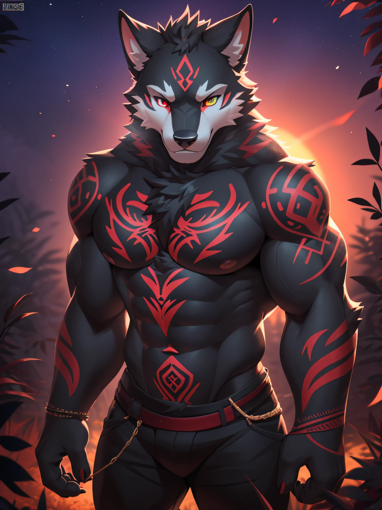 male alpha wolf in garden, black skin, red tattoo, waning moon tattoo on chest, ((heterochromia, blue left eye, red right eye)) dreamy background, kindness, (frightening), unlimited light, magnificent sunset background, octane render, beautiful features, beautifully detailed eyes, intricate skin, detailed face, perfect skin texture, extreme details, full body vision, cinematic lighting,  professional lighting, centered, looking at camera, 8k, shooting with Hasselblad X1D-50, maximum focus, depth of field, perfect lighting, light particles, (best quality), (masterpiece), (ultra detailed), sharp focus, light particles