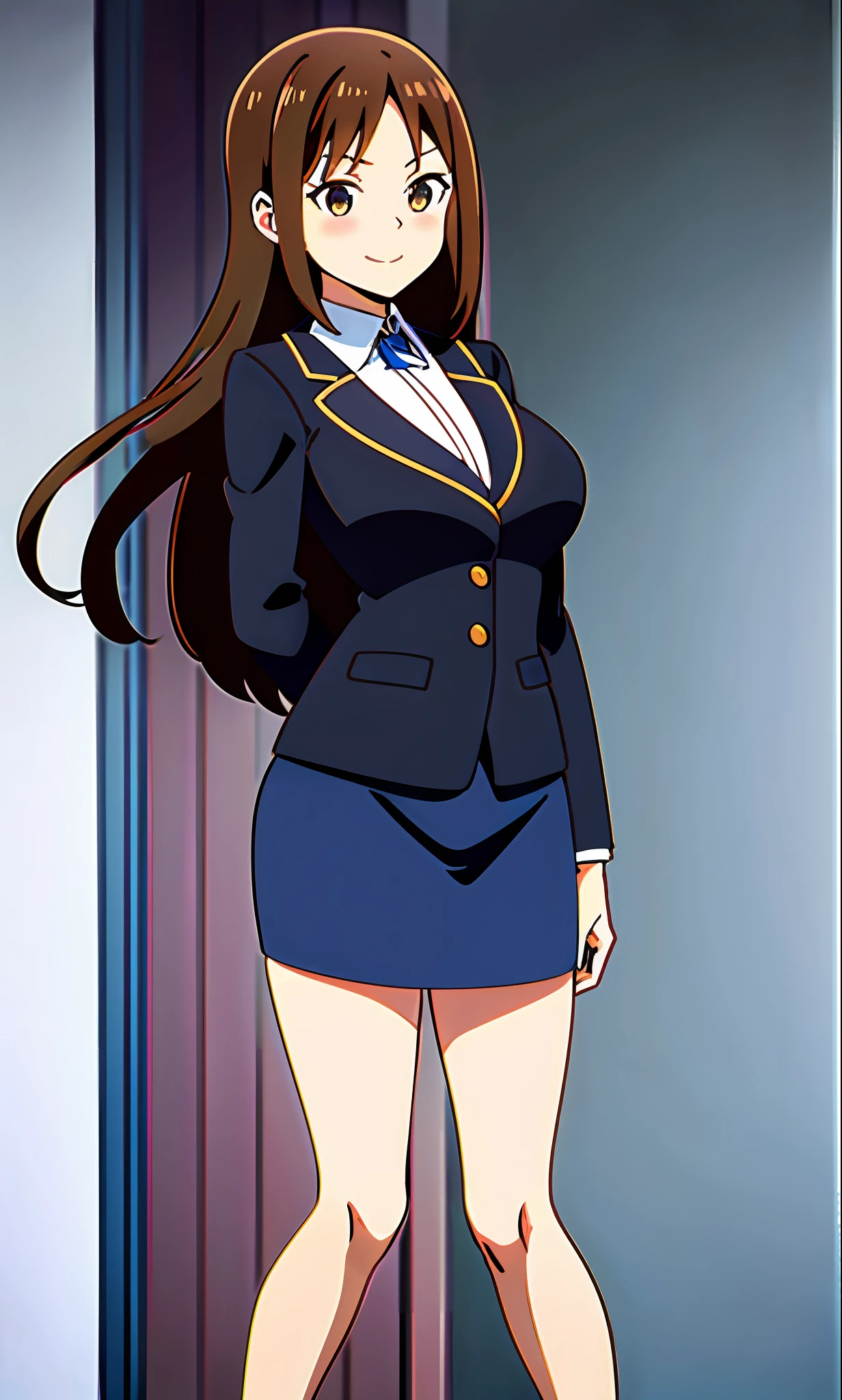perfect anime illustration, 1girl, brown hair, wavy hair, hazel eyes, smiling, business attire, blue skirt suit, black high heels, businesswoman, highres, full body, bare legs, 8k