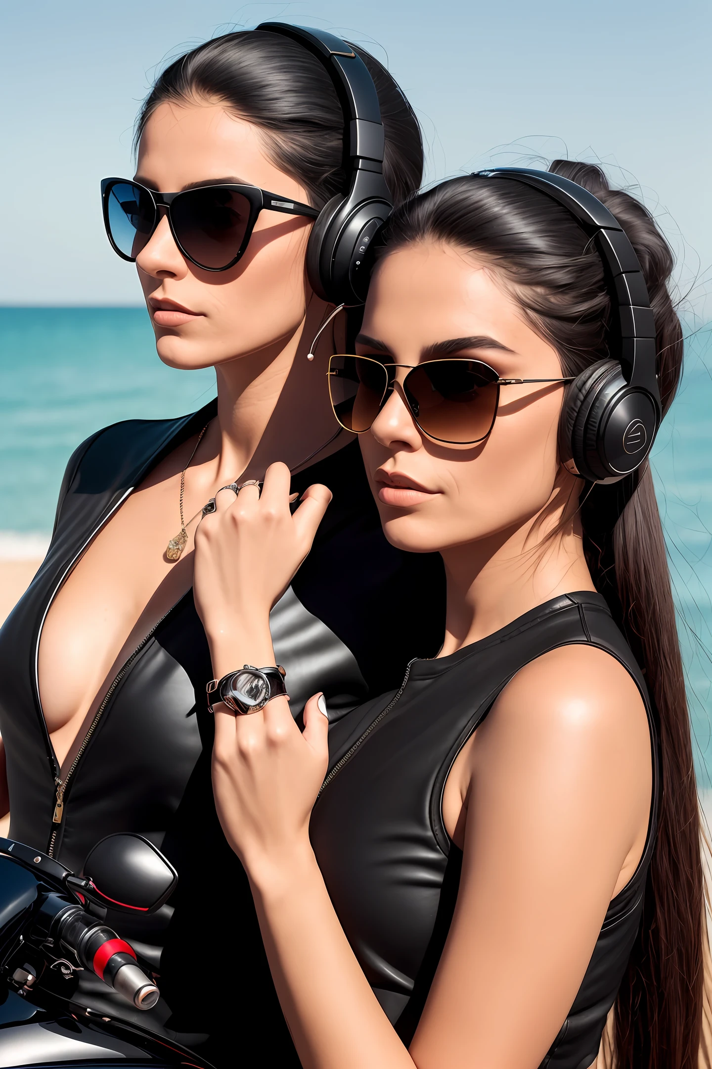 There is a woman wearing headphones and a black top and sunglasses, portrait of the head, black sunglasses, motorcycle look, cool, a cat floats next to the woman, 2 0 2 9 fashion, 2 4 years female model, smelling her sock