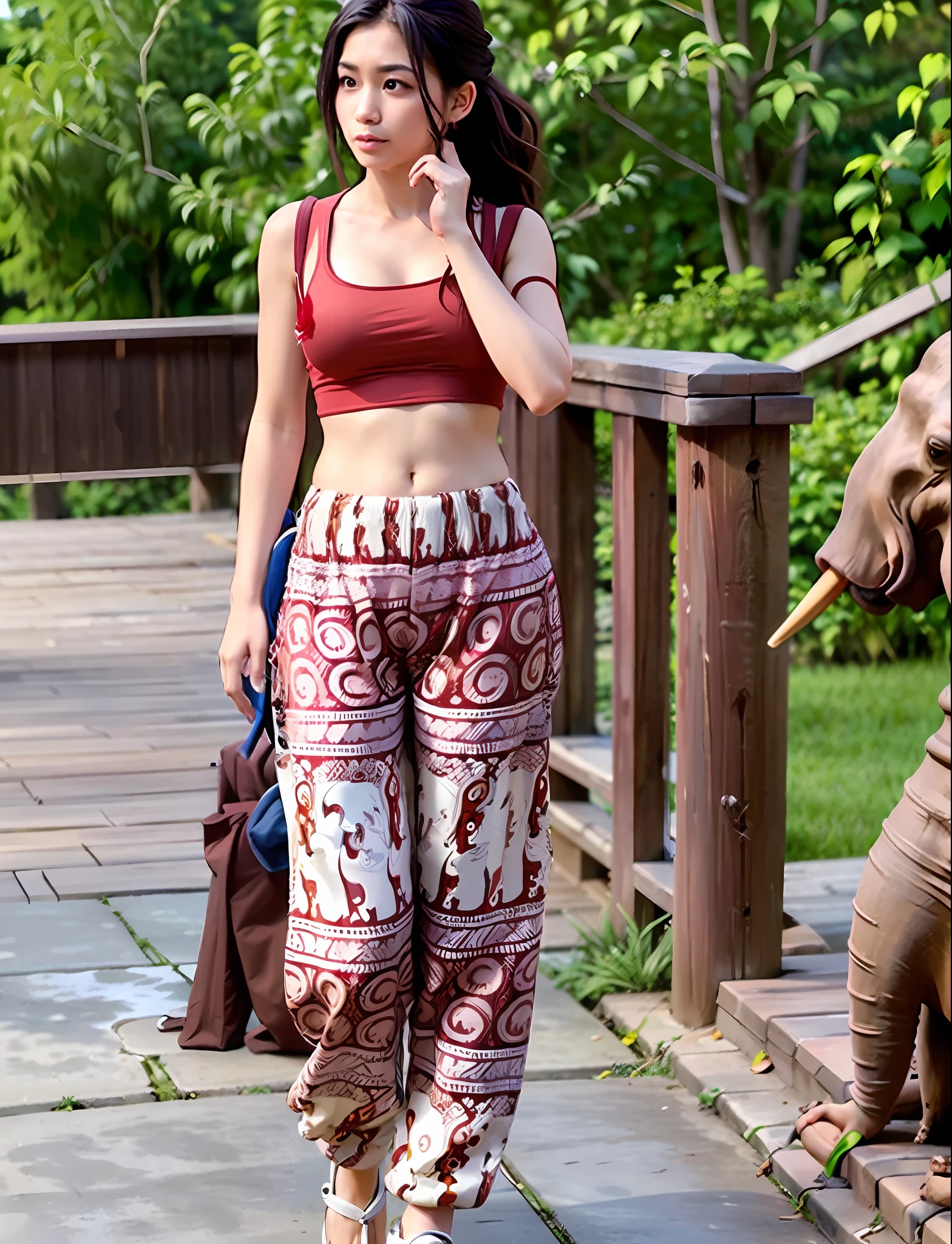 (Best Quality: 1.4), (Ultra High Resolution: 1.2), (Photorealistic: 1.4), (8K, RAW Photo: 1.2), (Medium Shot: 1.4), (Brown Eyes), Girl Walking Down the Street, (Red Thai Elephant Pants: 1.3), (White Top: 1.2), (Lovely Shoes), (Natural Light), (Rim Light)