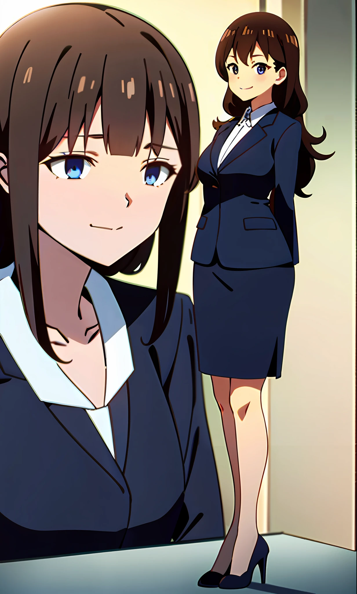 perfect anime illustration, 1girl, brown hair, wavy hair, hazel eyes, smiling, business attire, blue skirt suit, black high heels, businesswoman, highres, full body, bare legs