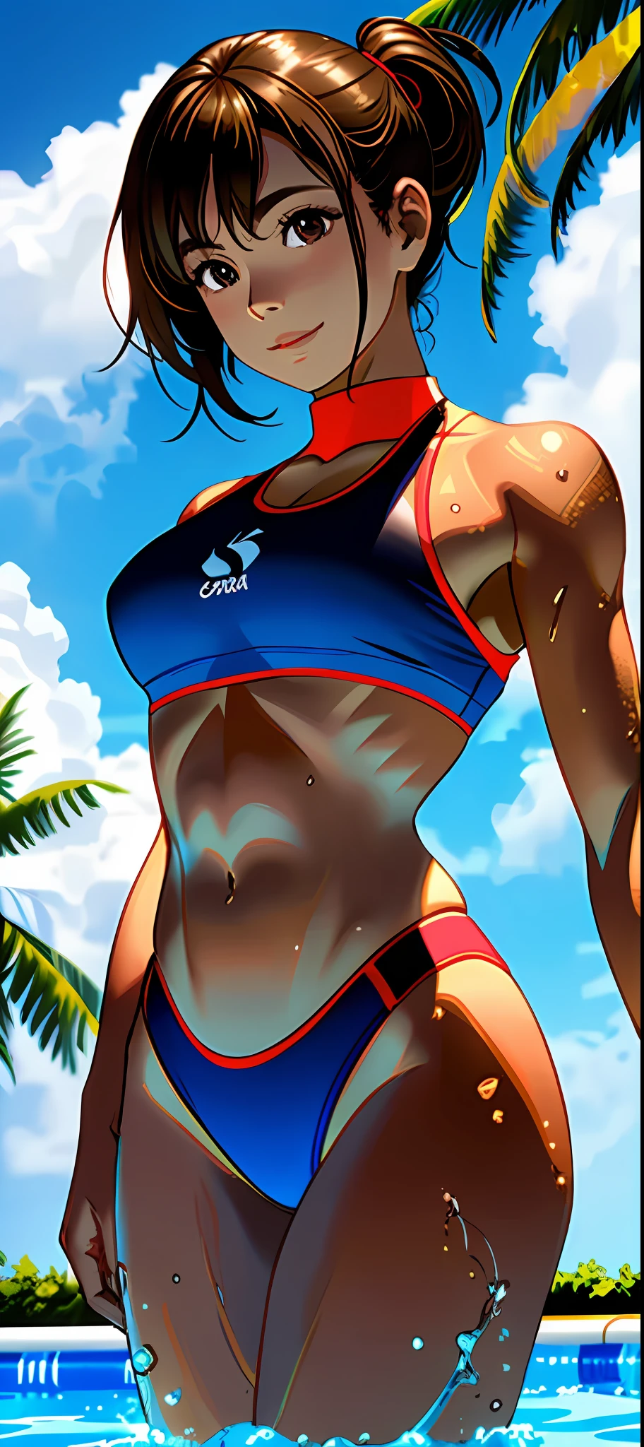 deusa fitness, linda, bikini branco spandex o, fundo hyperdetalhado, swimming pool party, luz natural, [abs:1.5], [sorriso:1.1], solo, @sarasaffari_, Brown medium hair over shoulders, light Brown skin,