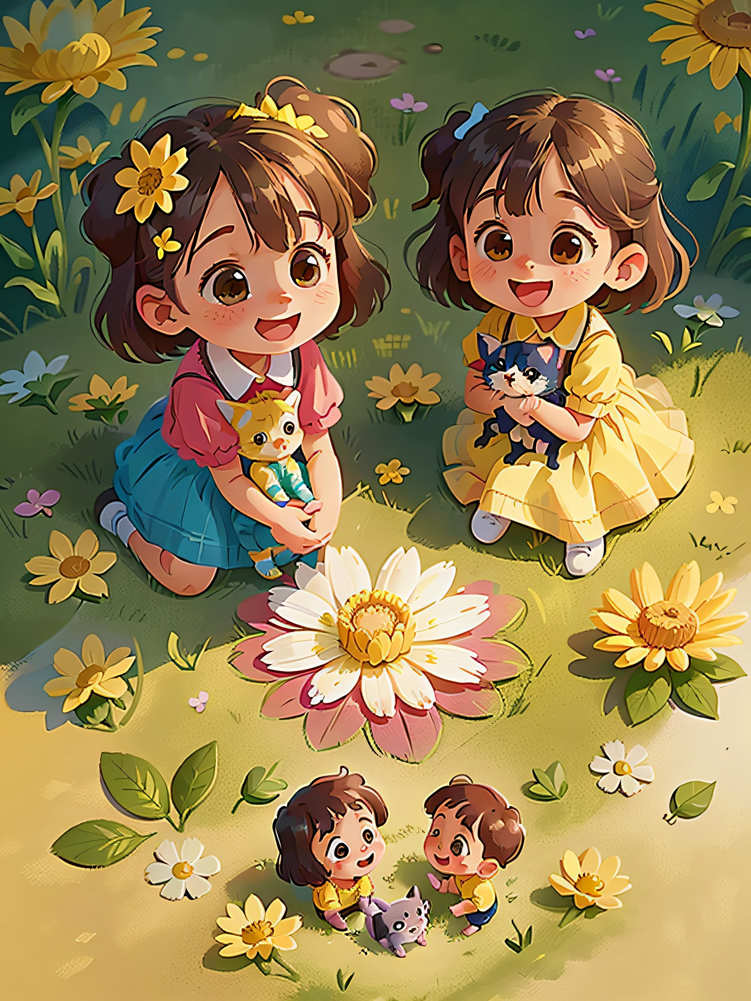 Tip: Two little girls (girls) and two little boys (boys) very charming, all friends, laughing and playing, your cute puppy and kitten enjoying a beautiful spring walk surrounded by beautiful yellow flowers and nature. The illustration is a high-definition illustration in 4K resolution, featuring highly detailed facial features and cartoon-style visuals.