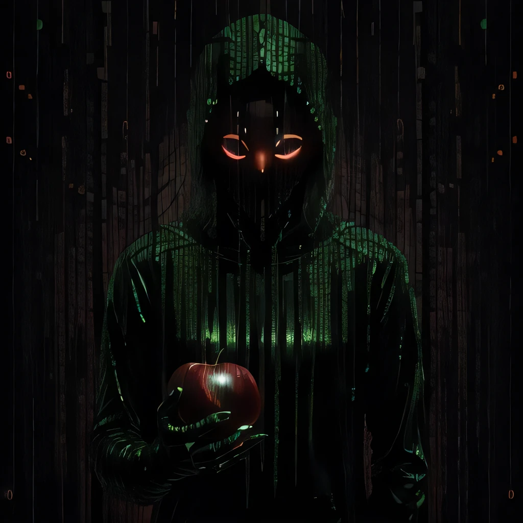 a mysterious latex hooded ghost with green matrixCommandLineStyle smoke aura is holding a shiny red apple, black background, highres,((red apple)),