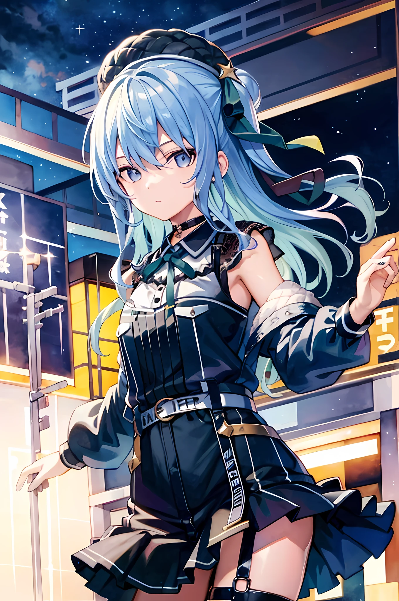 (watercolor:1.1),(masterpiece, high quality,best quality:1.2),(limited palette:0.8),
1girl, sui2,solo, one side up, hoshimachi suisei, orange pantyhose, green ribbon, black skirt, star \(symbol\), off shoulder, blue jacket, jewelry, long sleeves, thigh strap, black shirt, miniskirt, neck ribbon, green bow, black choker, belt,star in eye,star symbol in eye,(single_hair_bun:1.2),BREAK,
expressionless, city,(night sky,starry sky,cityscape,galaxy:1.2) high detailed background,