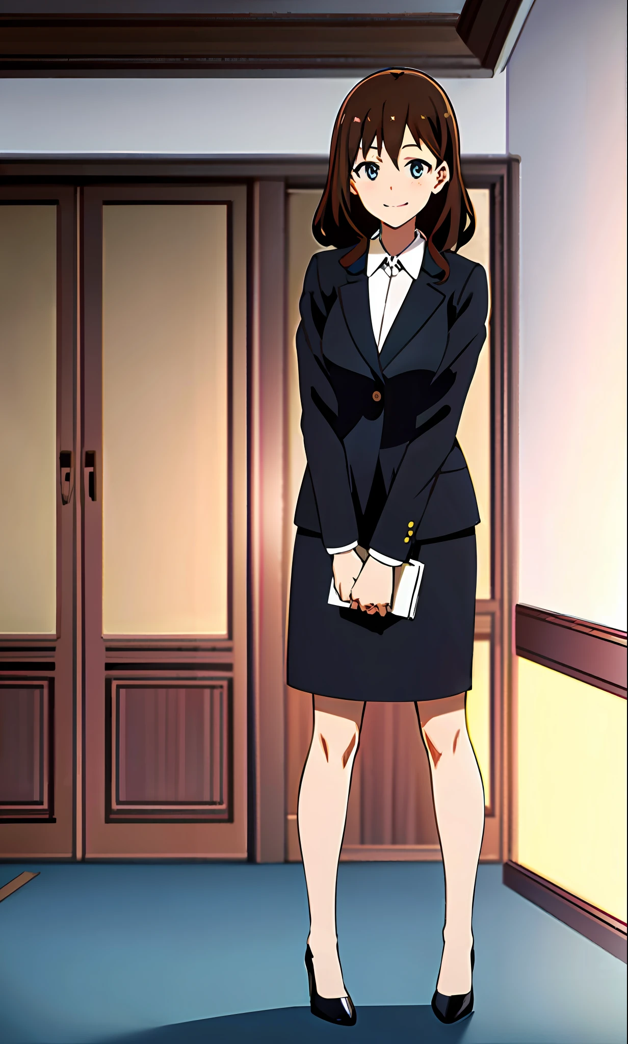 perfect anime illustration, 1girl, brown hair, wavy hair, hazel eyes, smiling, business attire, blue skirt suit, black high heels, businesswoman, full body, bare legs, highres