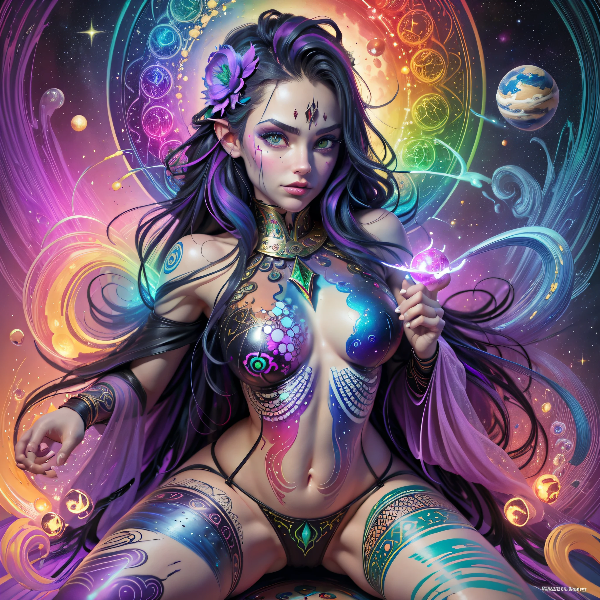 ((Best quality, 8k, Masterpiece :1.3)) beautiful woman: 1.3, beautiful face, front showing crotch, crawling saturated colors, psychedelic image, LSD, mandala, fractral, costume, tattoo, painted body, wedding outfit, body tilted forward, art similar to Alex Grey's art, lots of color saturation, vortex, ultra realistic, planet earth, galaxy, with lots of lighting, shading and contrast,  RPG, mage, realistic eyes, green iris, 3D depth --auto --s2