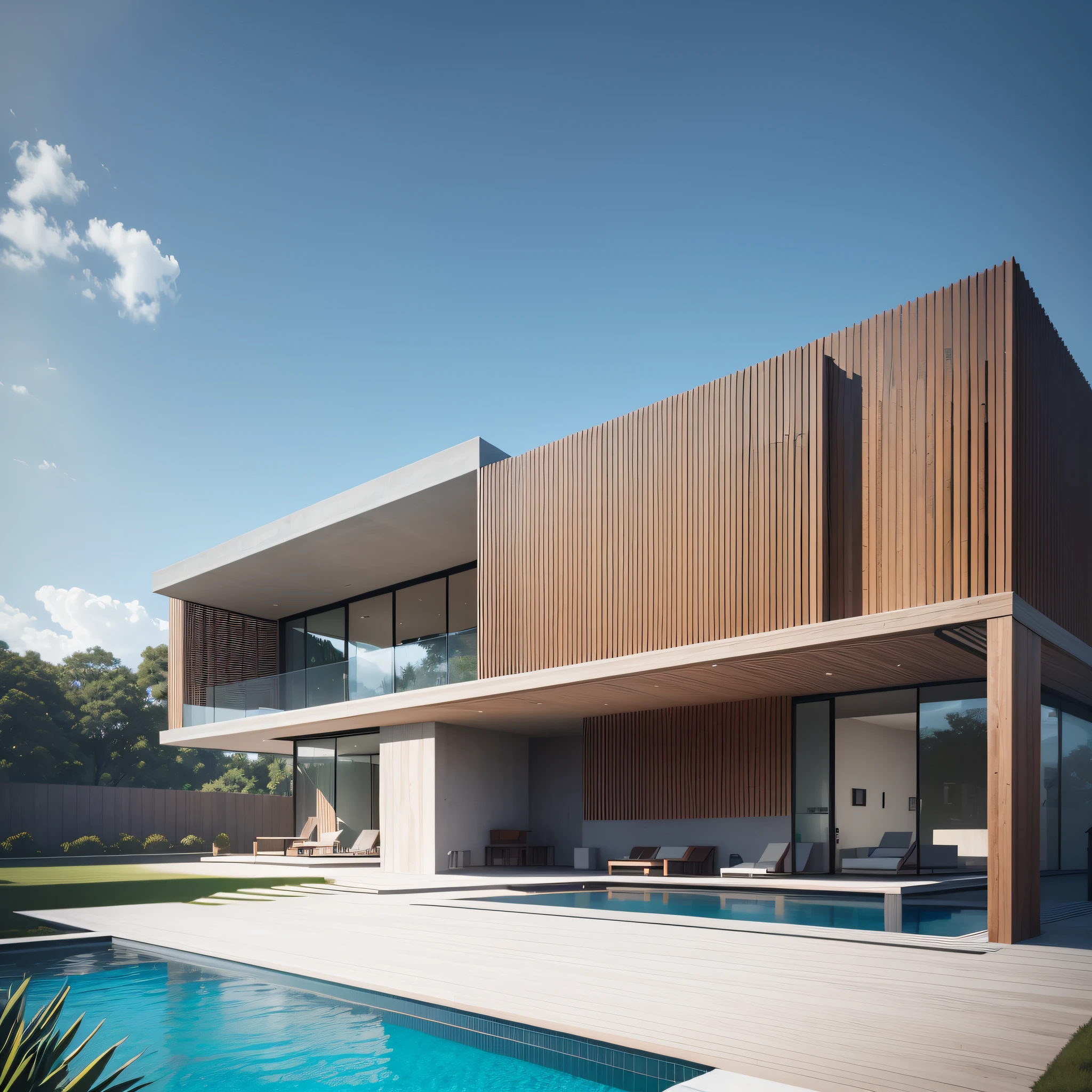 a rendering of a modern house with a pool and a patio, modern house in wood, realistic architecture, concept house, arhitectural shot, contemporary house, modern house, general architectural design, architectural visualization, exterior design, contemporary architecture, architectural visualization, beautifully detailed rendering, architectural rendering, minimalist house in wood, ultra modern, large modern residence --auto --s2