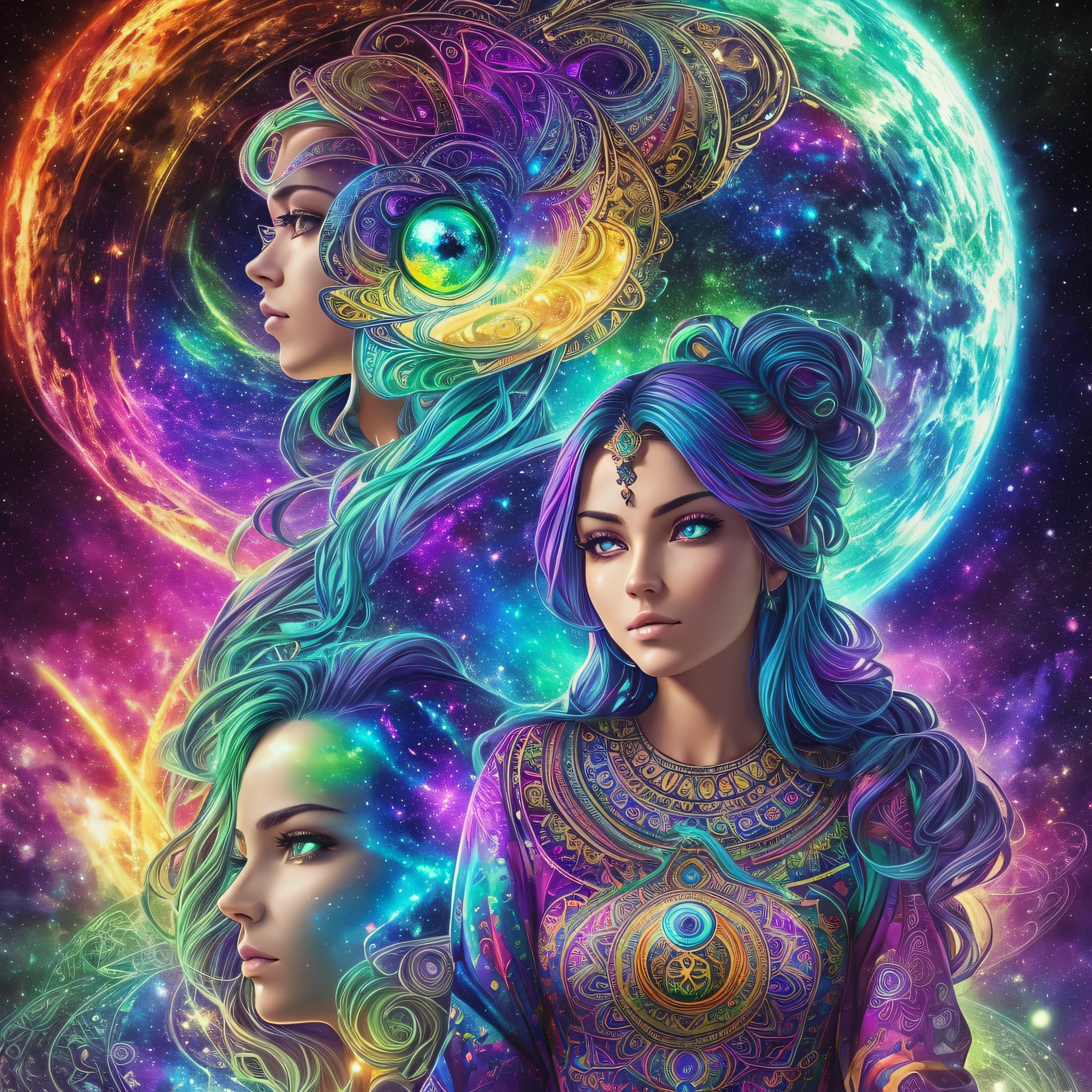 ((Best quality, 8k, Masterpiece :1.3)) beautiful woman: 1.3, handsome face, leaning her ass against another woman's ass, saturated colors, psychedelic image, LSD, mandala, fractral, costume, tattoo, painted body, wedding outfit, body tilted forward, art similar to Alex Grey's art, lots of color saturation, vortex, ultra realistic, planet earth, galaxy, with lots of lighting,  shading and contrast, RPG, mage, realistic eyes, green iris, 3D depth, melting --auto --s2