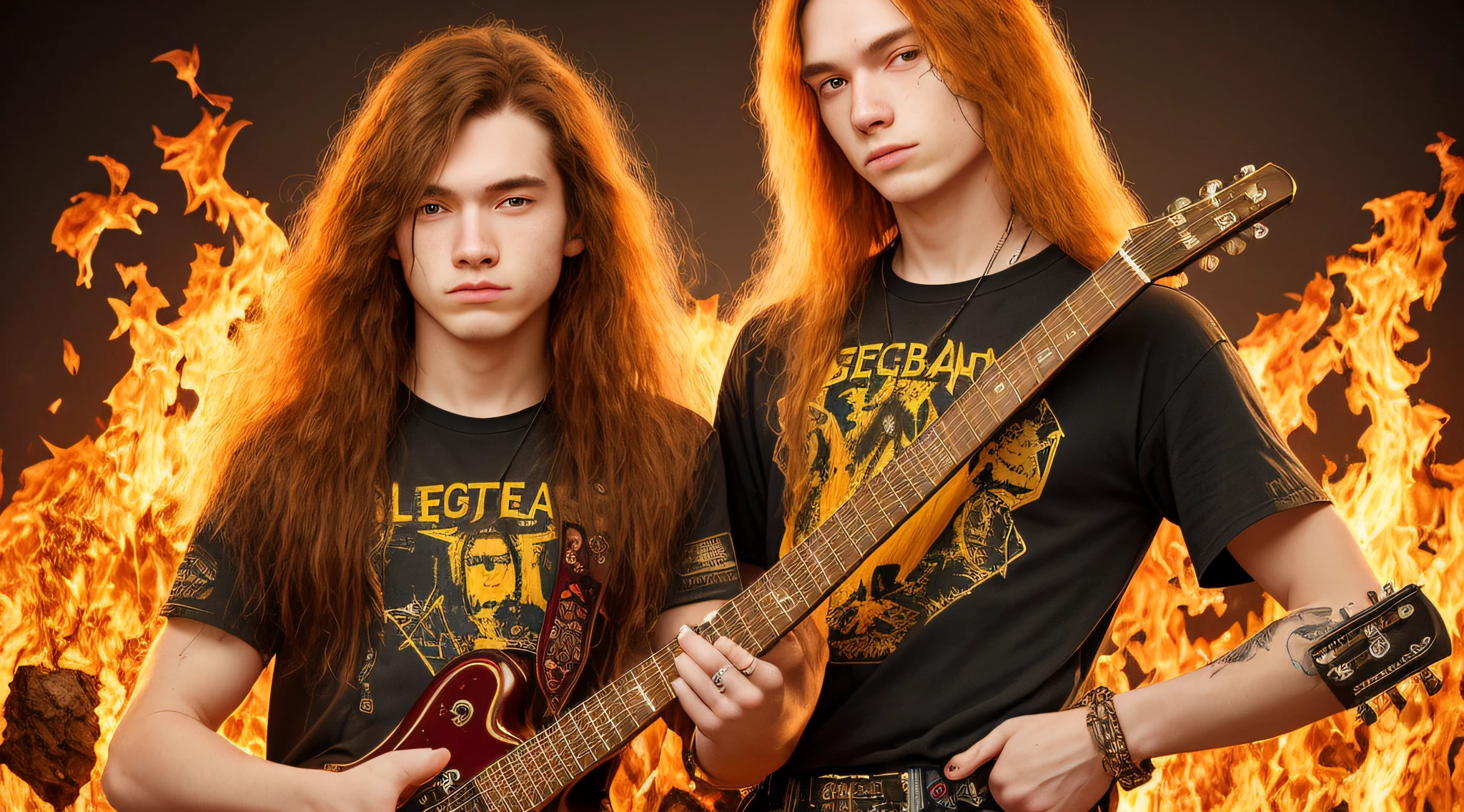 (20 years old), long gold hair, megadeth t-shirt, bullet belt, chains, surrounded by fire, rock style with jeans, lots of metal, with guitar, , Asian boy, (freckles, pale skin), defined jaw, smaller head, beautiful and seductive.