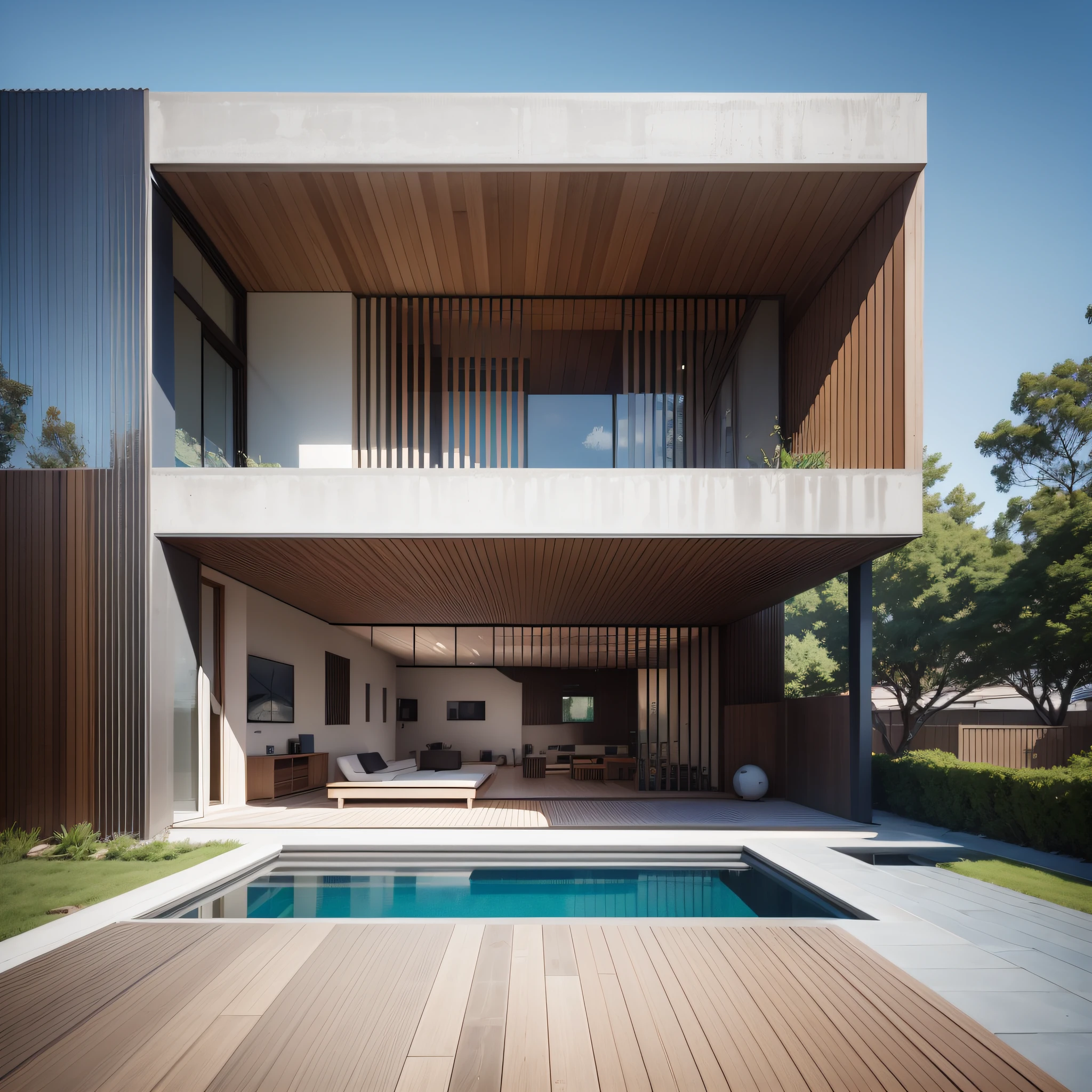 a rendering of a modern house with a pool and a patio, modern house in wood, realistic architecture, concept house, arhitectural shot, contemporary house, modern house, general architectural design, architectural visualization, exterior design, contemporary architecture, architectural visualization, beautifully detailed rendering, architectural rendering, minimalist house in wood, ultra modern, large modern residence --auto --s2