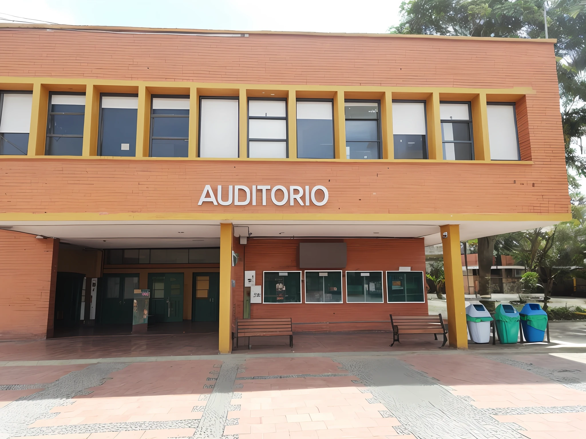 arafio building with a bench and trash cans in front of it, centre image, quito school, academia, theater, ground view, city of armenia quindio, adularia, outside view, transparent background, ground - level view, ground-level view, foto realista, proporcional, full - view, private academy entrance, clean image