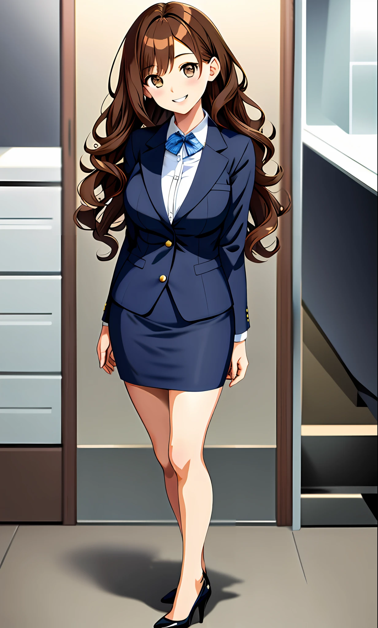 perfect anime illustration, 1girl, brown hair, wavy hair, hazel eyes, smiling, business attire, blue skirt suit, black high heels, businesswoman, full body, bare legs, highres